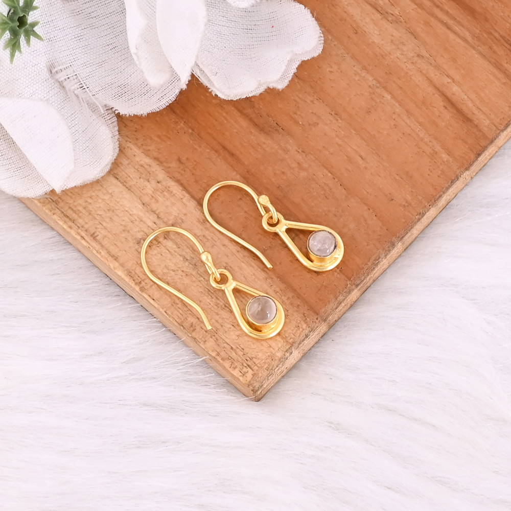 Image of Natural Rose Quartz Gold Plated Teardrop Hook Earrings For Women