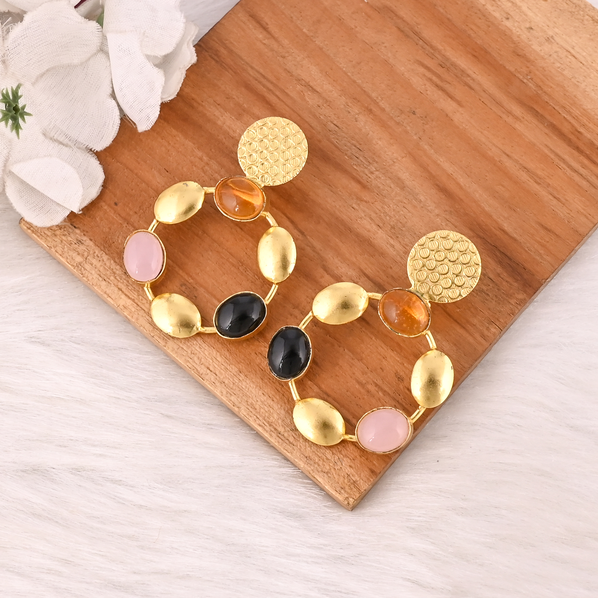 Designer Citrine Hydro  Black Onyx  Rose Chalcedony Dangle Earrings Handmade Fashion Jewelry for Women