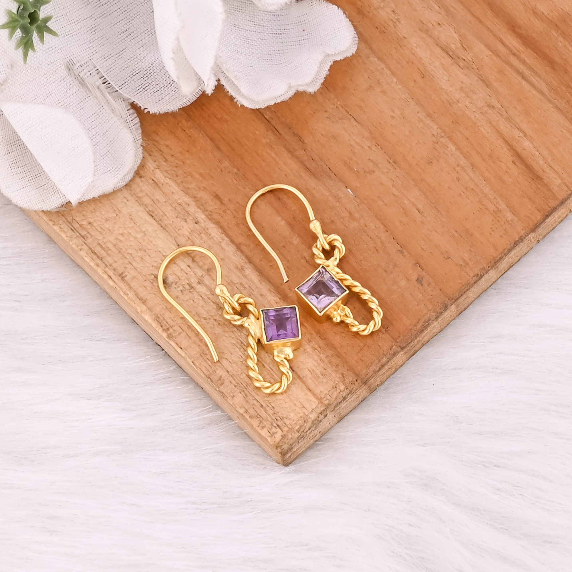 Natural Purple Amethyst Gold Plated Square Hook Earrings For Women