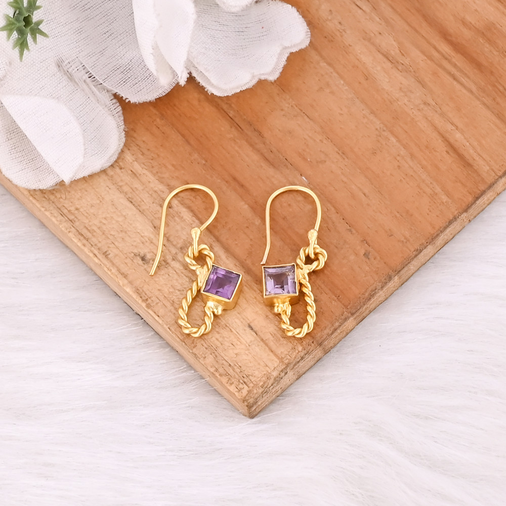 Image of Natural Purple Amethyst Gold Plated Square Hook Earrings For Women