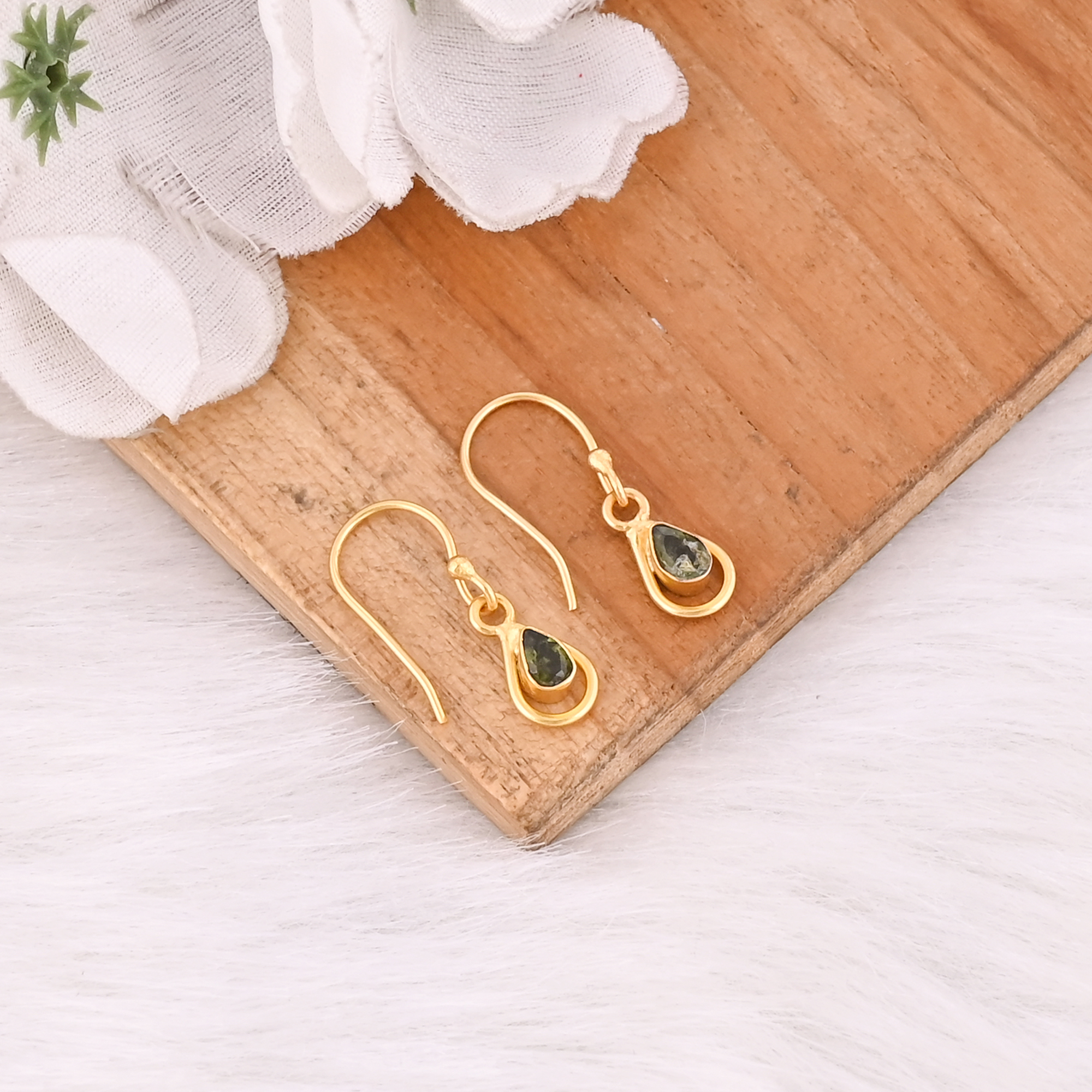 Natural Green Tourmaline Teardrop Gold Plated Hook Earrings For Women