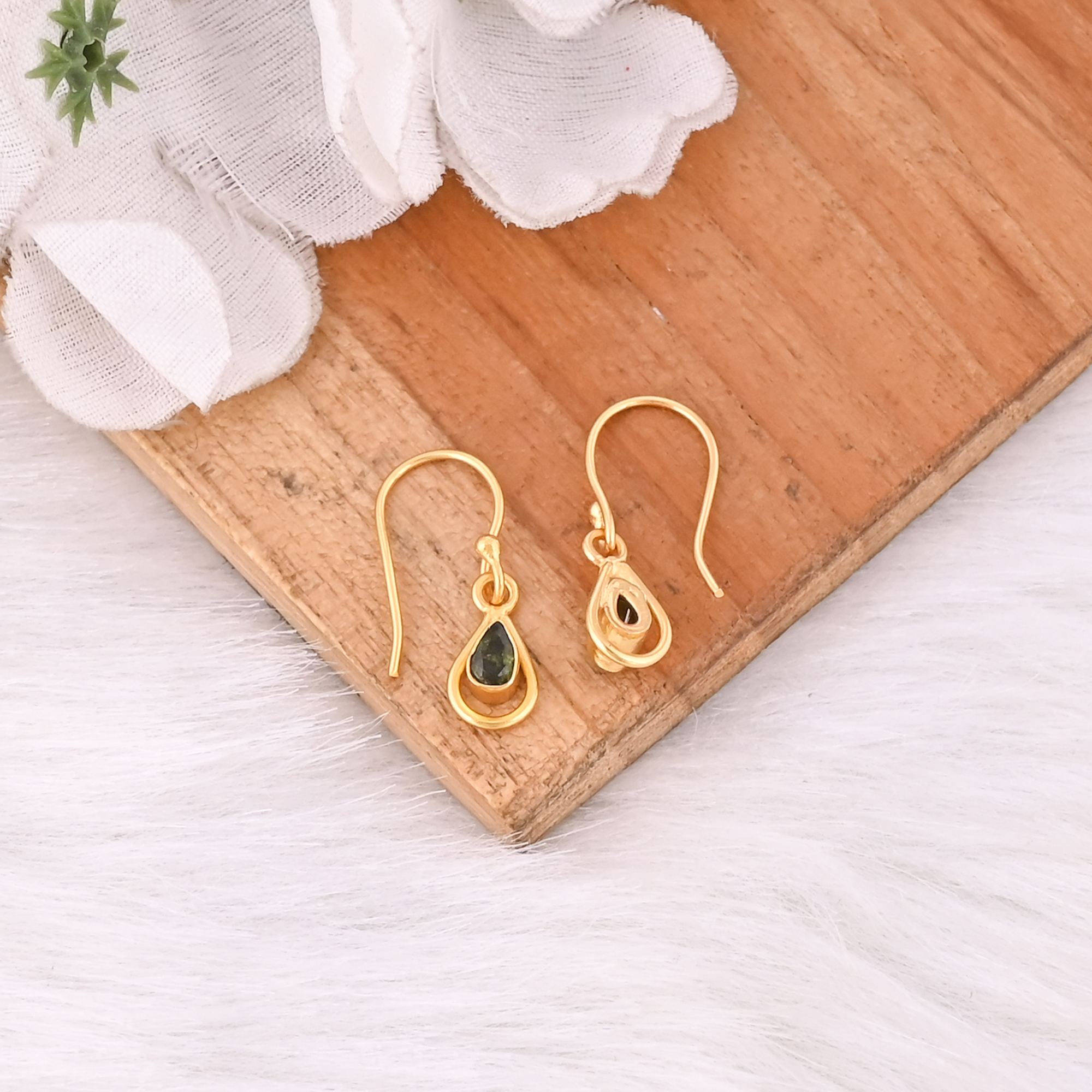 Natural Green Tourmaline Teardrop Gold Plated Hook Earrings For Women