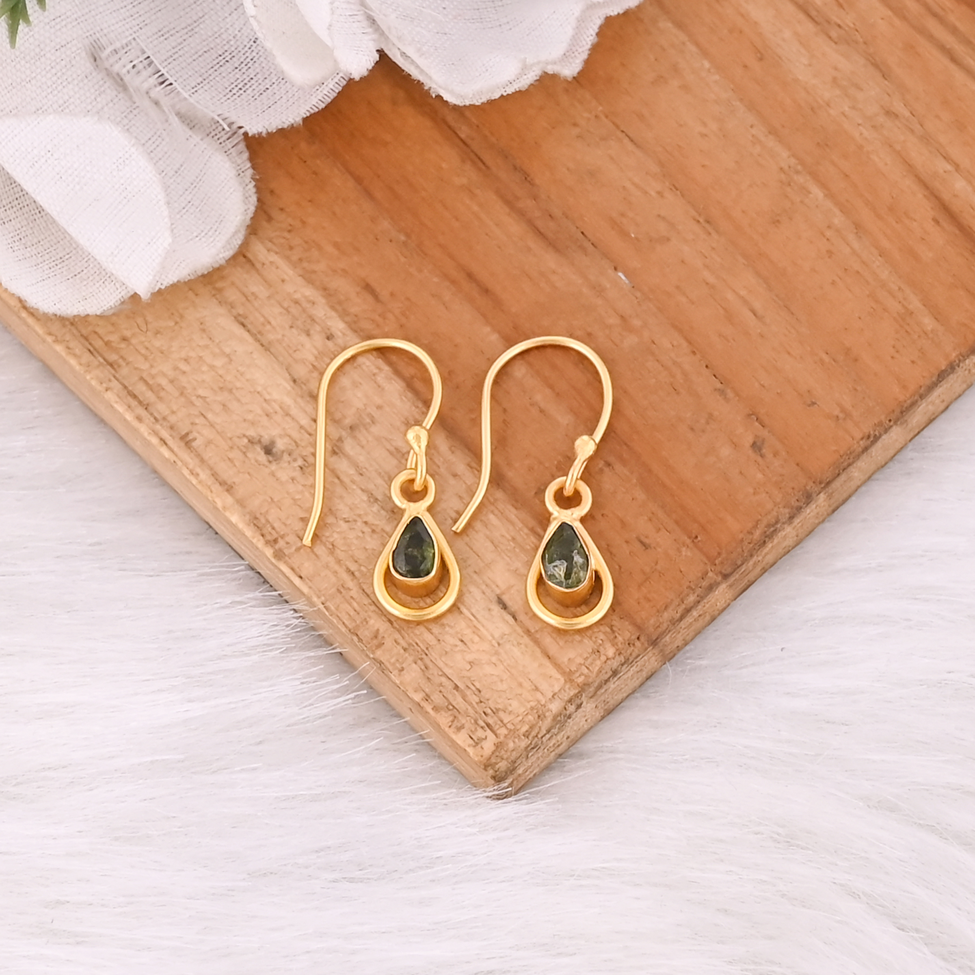 Natural Green Tourmaline Teardrop Gold Plated Hook Earrings For Women