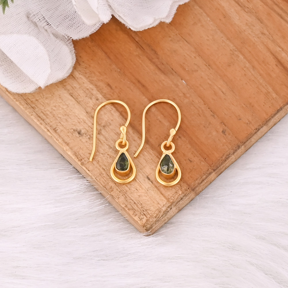 Image of Natural Green Tourmaline Teardrop Gold Plated Hook Earrings For Women