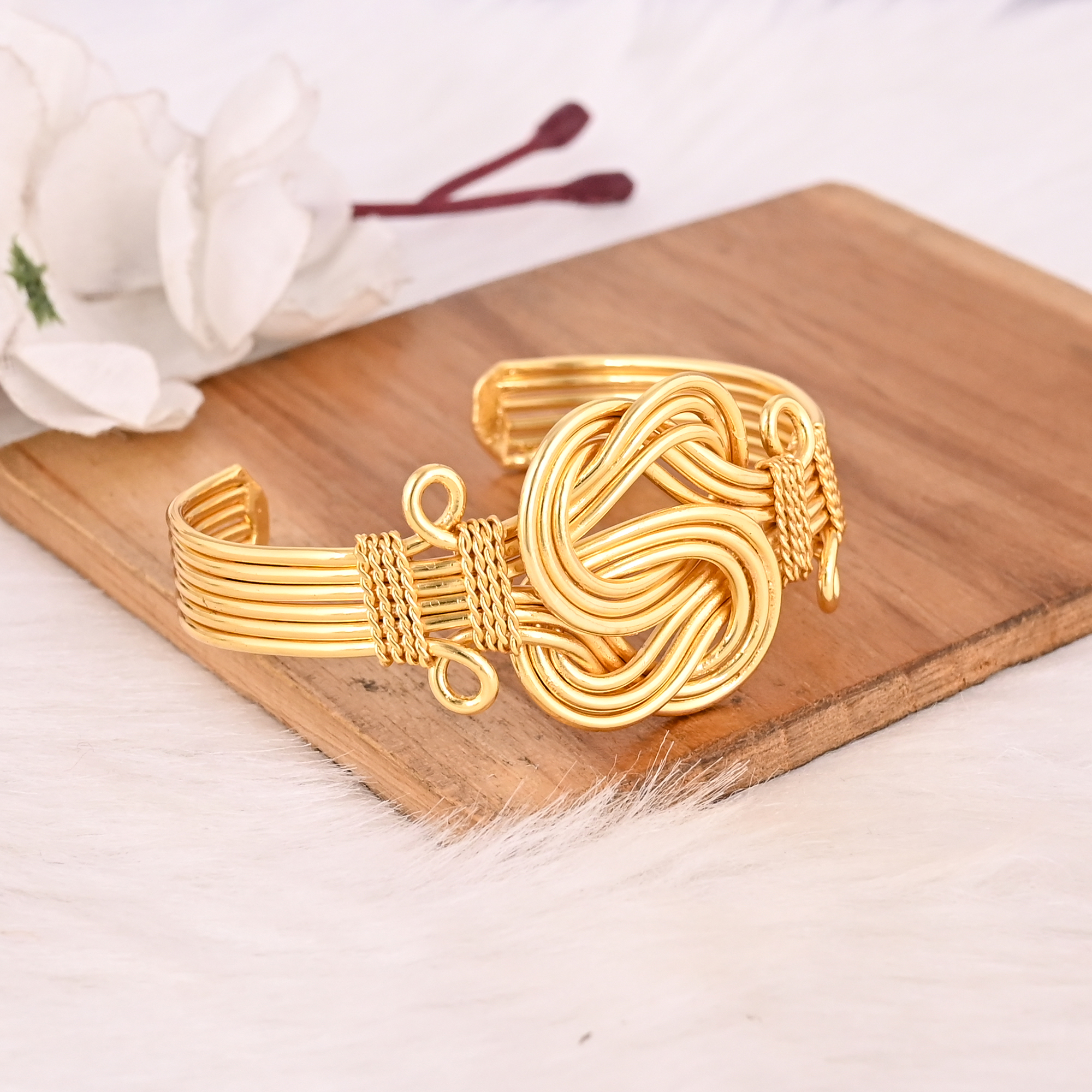 Handmade Gold Plated Brass Open Cuff Bracelet Elegant Knot Design Fashion Jewelry for Women  Girls