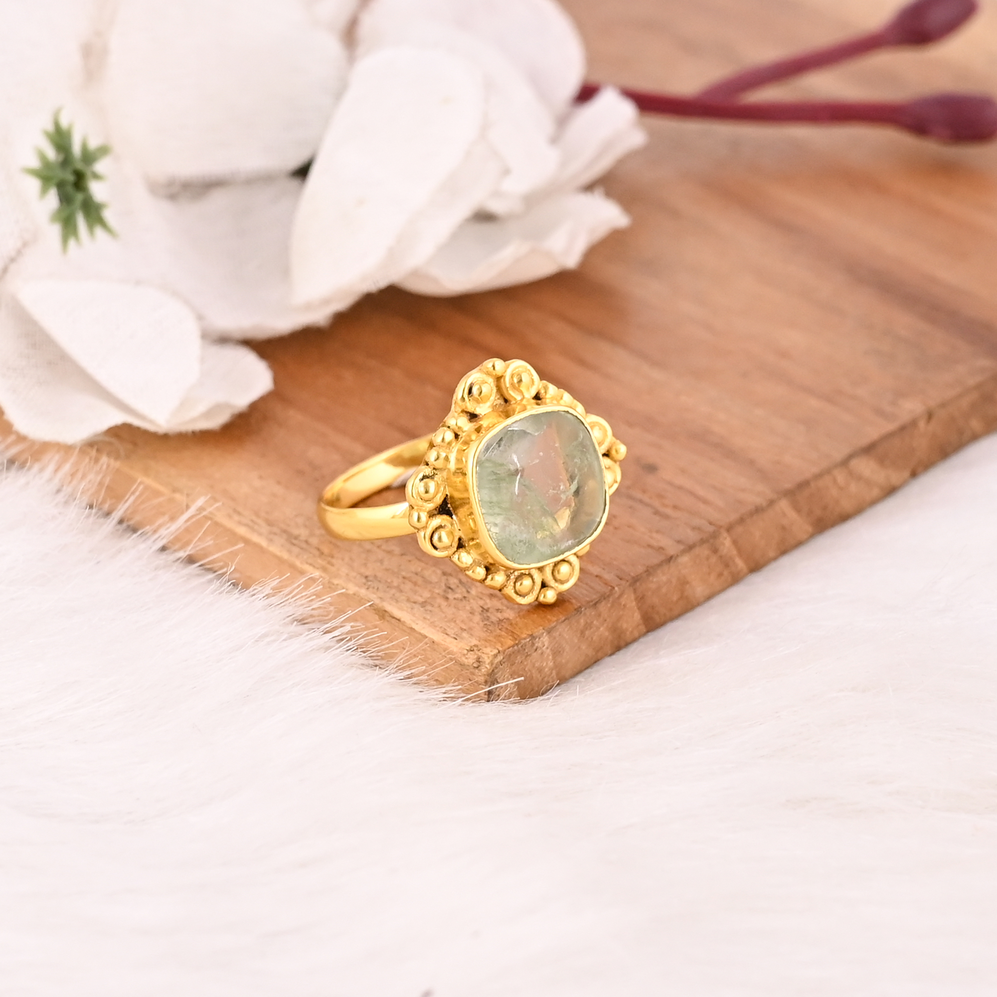 Fashion Aqua Crackle Glass Ring Handmade Gemstone Brass Jewelry for Women