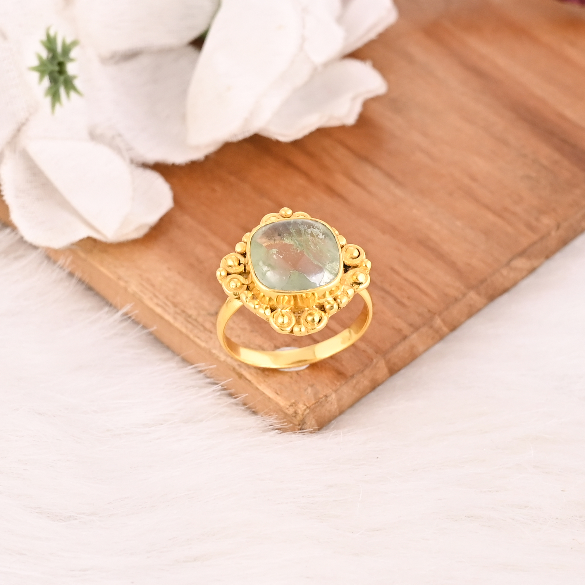 Fashion Aqua Crackle Glass Ring Handmade Gemstone Brass Jewelry for Women