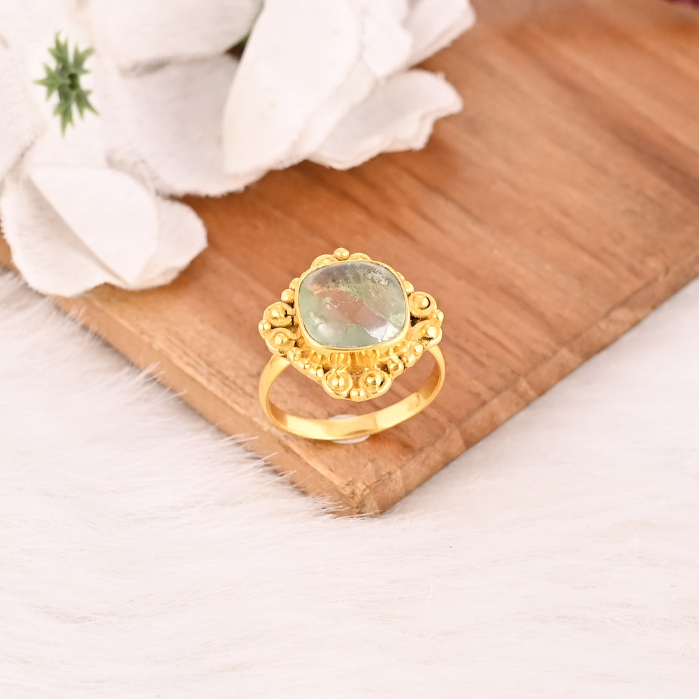 Image of Fashion Aqua Crackle Glass Ring Handmade Gemstone Brass Jewelry for Women