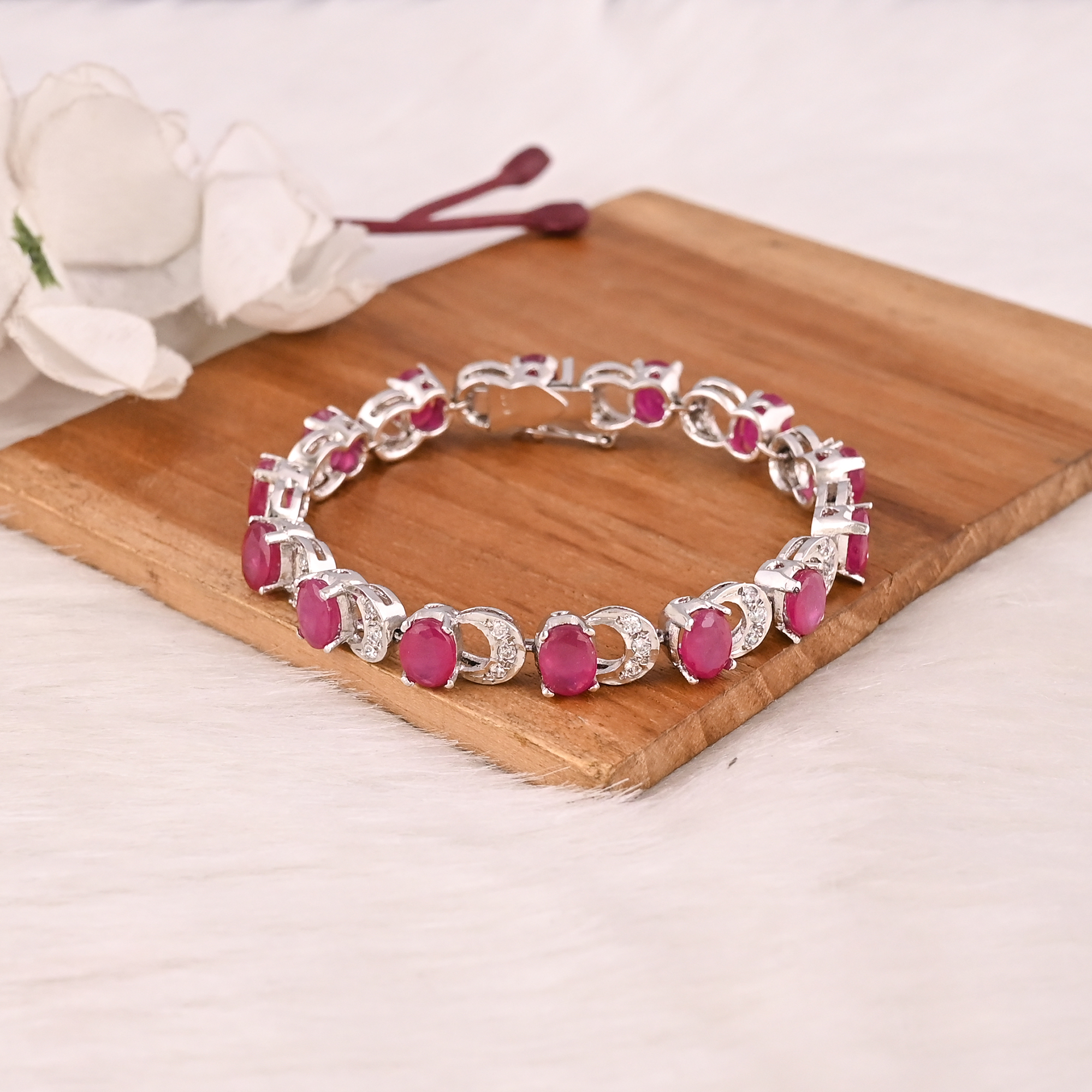 Elegant Glass Filled Ruby  CZ Bracelet in 925 Sterling Silver Handmade Luxury Fashion Jewelry for Unisex