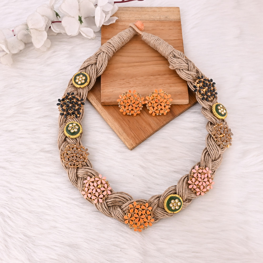 Image of Multi Gemstone Jute Thread Necklace with Earring Set Boho Eco-Friendly Layered Statement Fashion Jewelry for Women