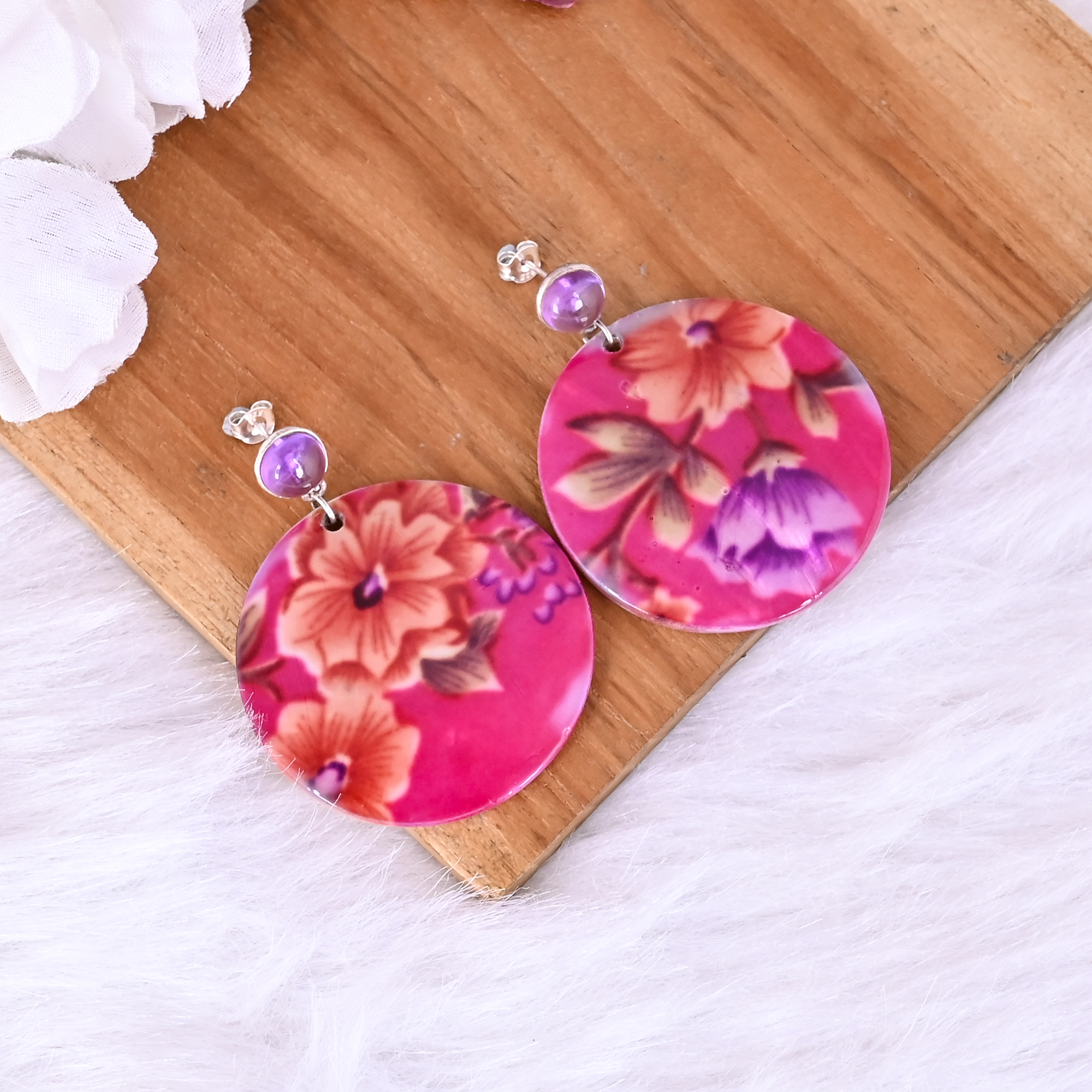 Amethyst Mother of Pearl Resin Art Dangle Earring 925 Sterling Silver