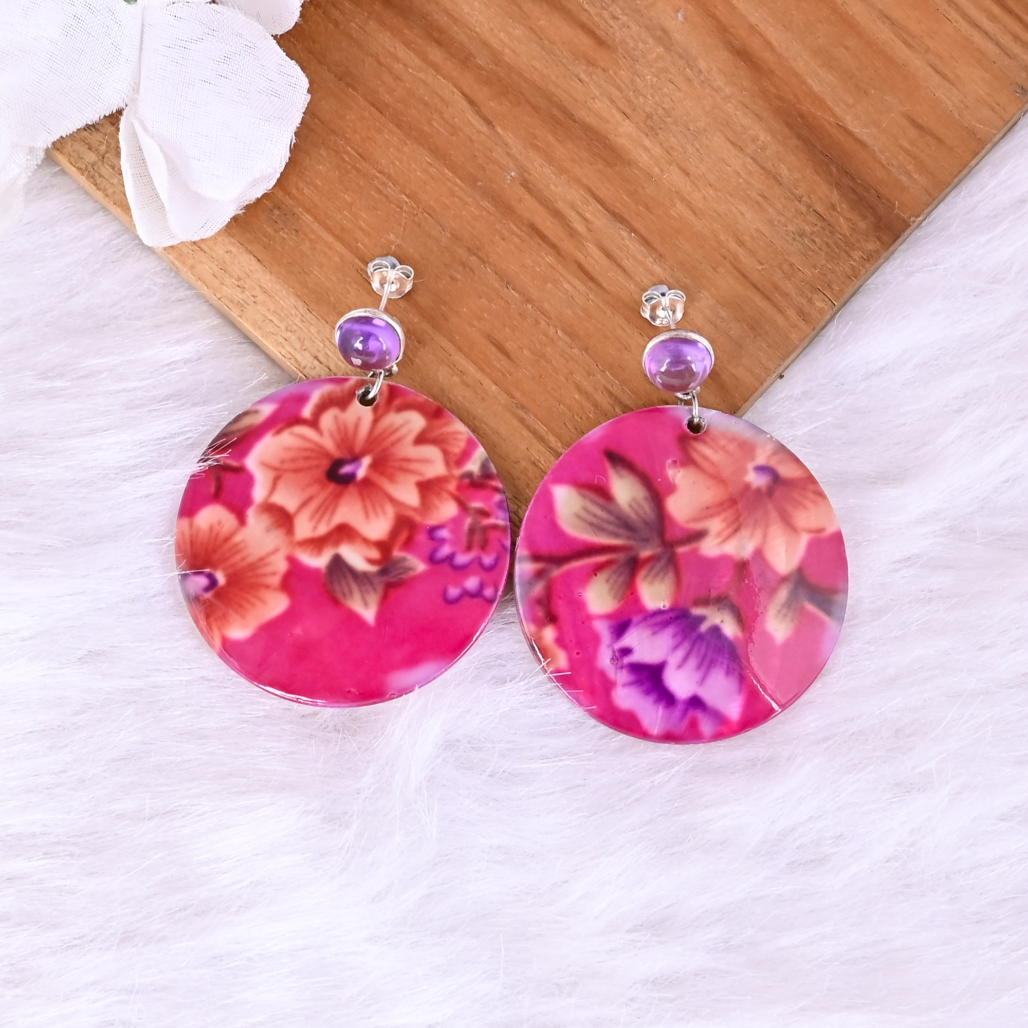 Amethyst  Mother of Pearl Resin Art Dangle Earring  925 Sterling Silver