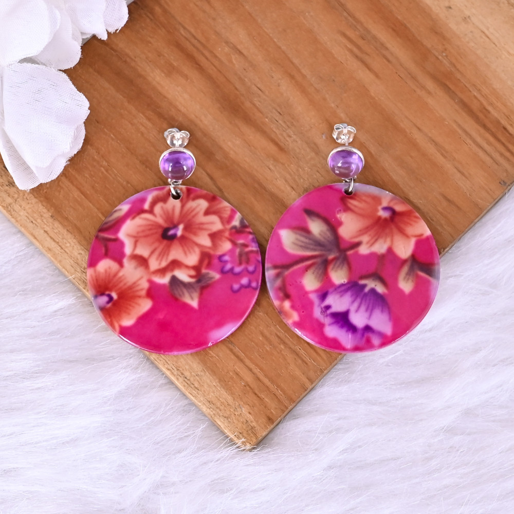 Image of Amethyst &amp; Mother of Pearl Resin Art Dangle Earring | 925 Sterling Silver