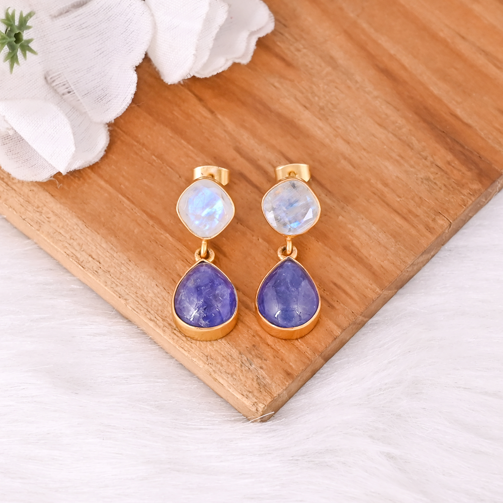925 Sterling Silver Tanzanite  Rainbow Moonstone Earrings Handmade Gemstone Jewelry for Women