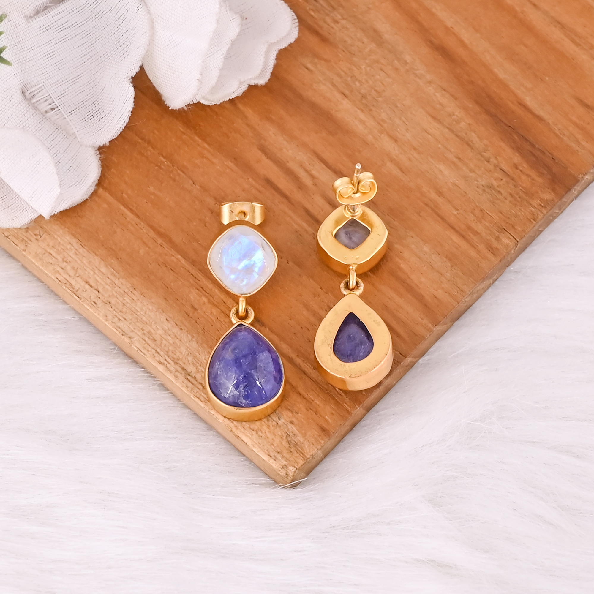 925 Sterling Silver Tanzanite  Rainbow Moonstone Earrings Handmade Gemstone Jewelry for Women