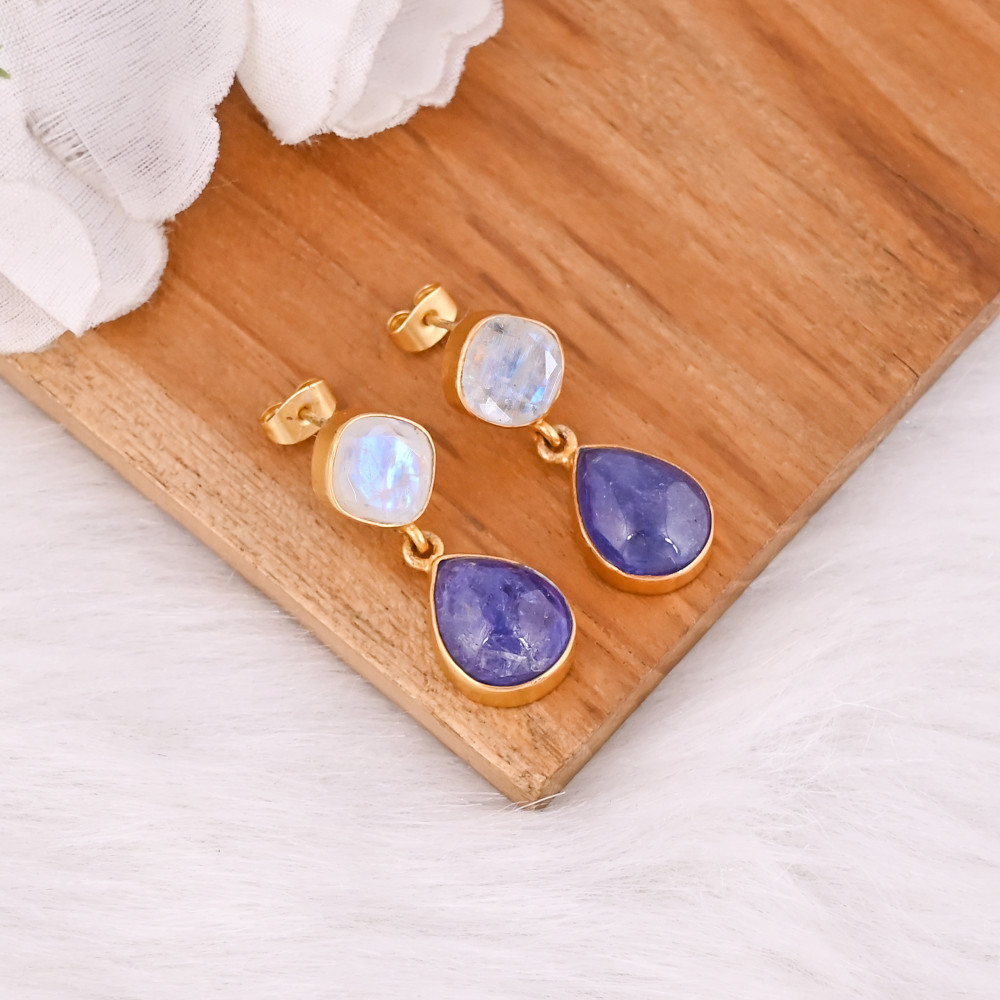 Image of 925 Sterling Silver Tanzanite &amp; Rainbow Moonstone Earrings Handmade Gemstone Jewelry for Women