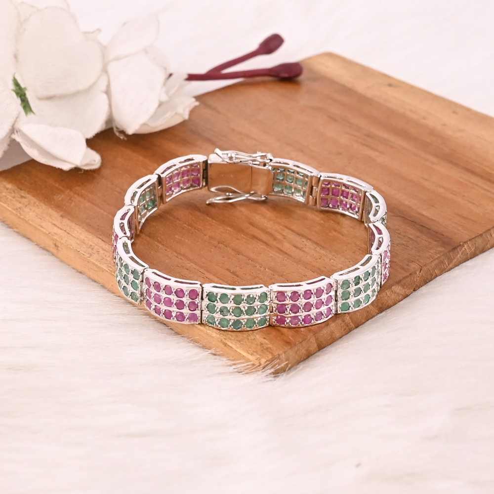Image of Luxury 925 Sterling Silver Bracelet with Natural Emerald, Black Onyx &amp; Glass Filled Ruby Gemstones Designer Jewelry for Unisex