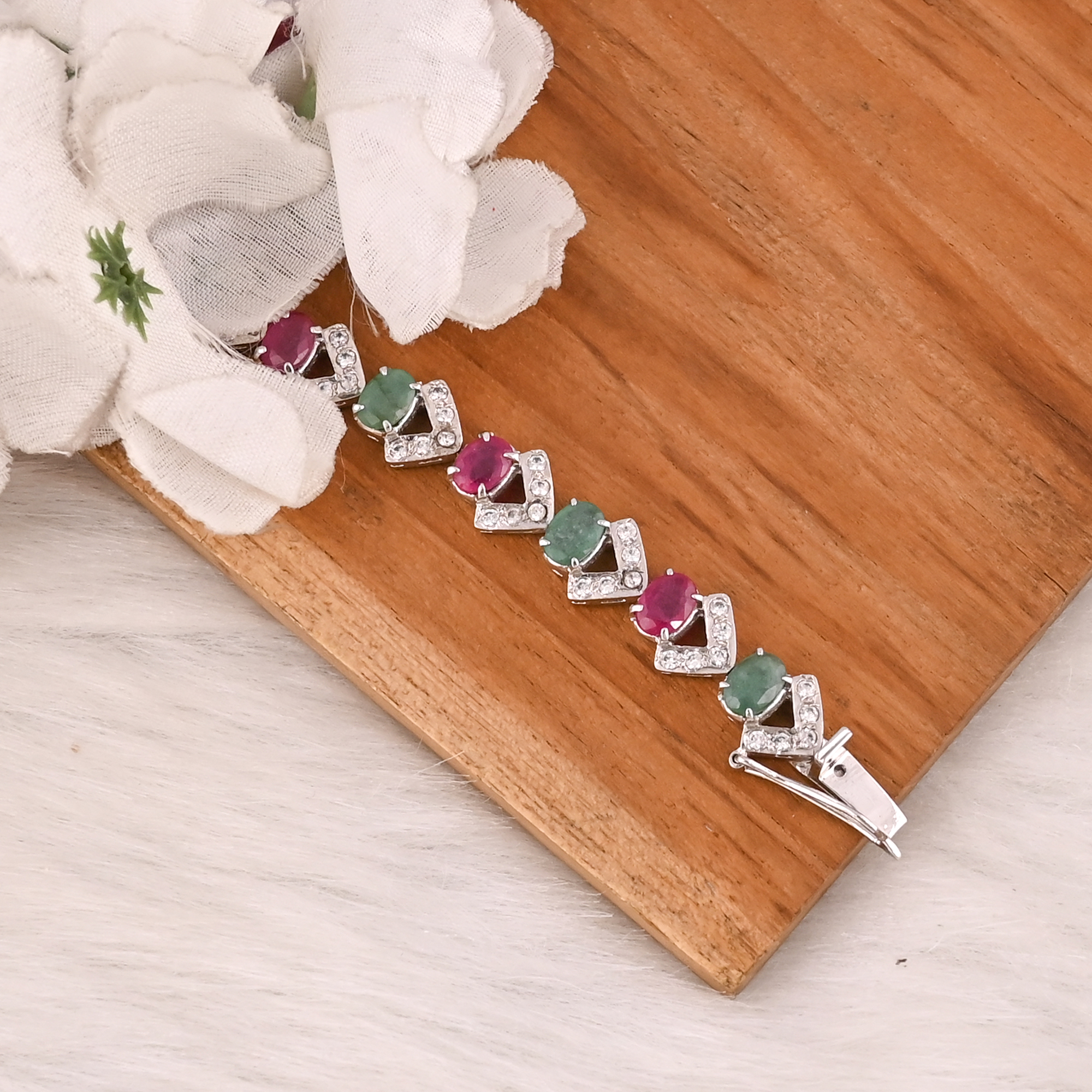 Premium 925 Sterling Silver Glass Filled Ruby Emerald and CZ Tennis Bracelet Luxury Gemstone Jewelry for Unisex