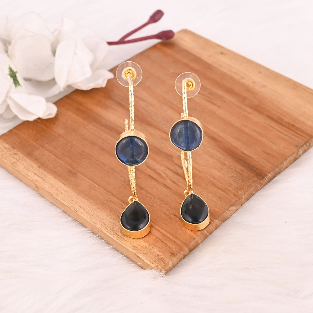 Image of Elegant Gold Plated Blue Hydro Gemstone Brass Bezel Set Earring Handmade Fashion Jewelry for Women Gift