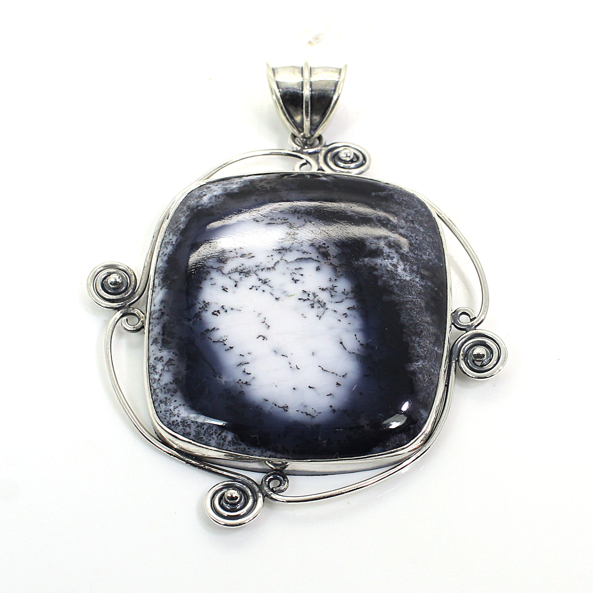 Filigree Dendritic Agate Silver Pendant