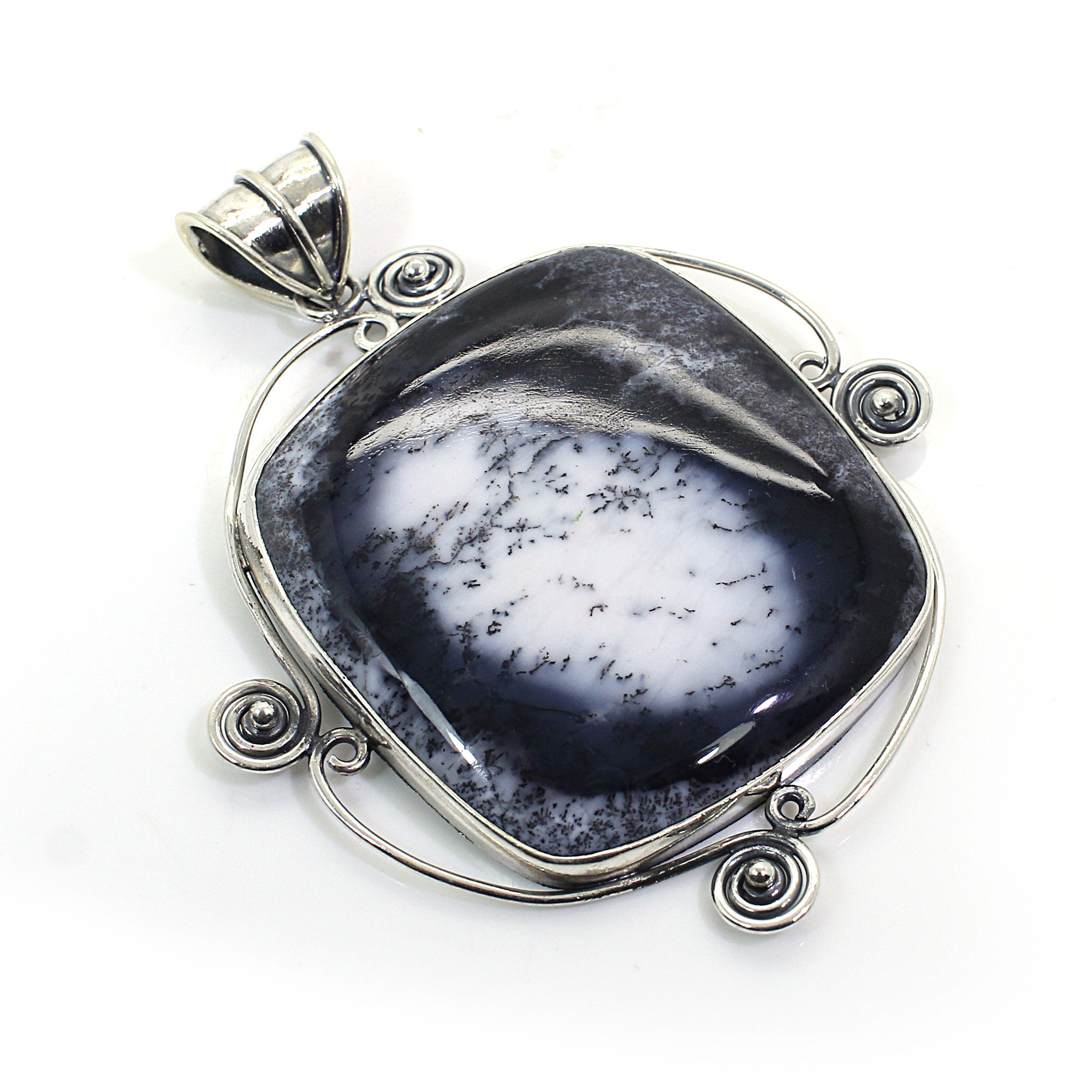 Filigree Dendritic Agate Silver Pendant