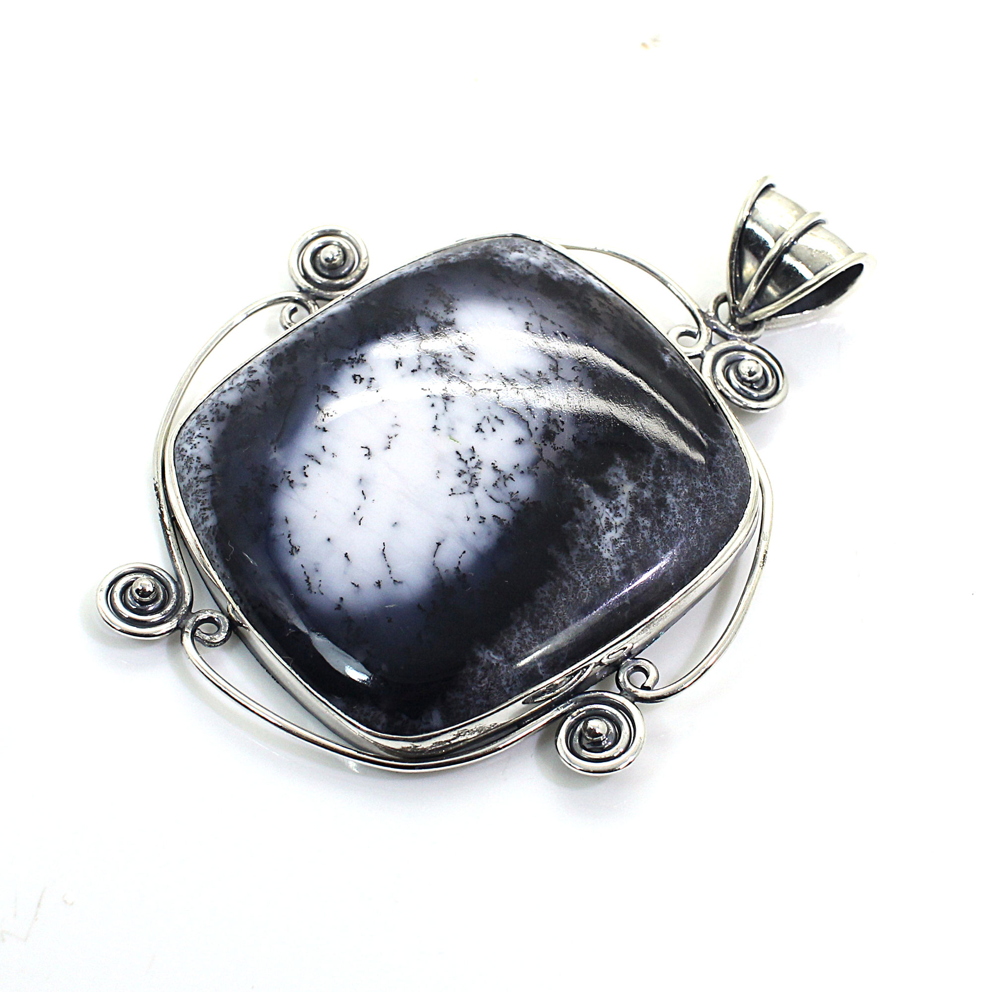 Filigree Dendritic Agate Silver Pendant