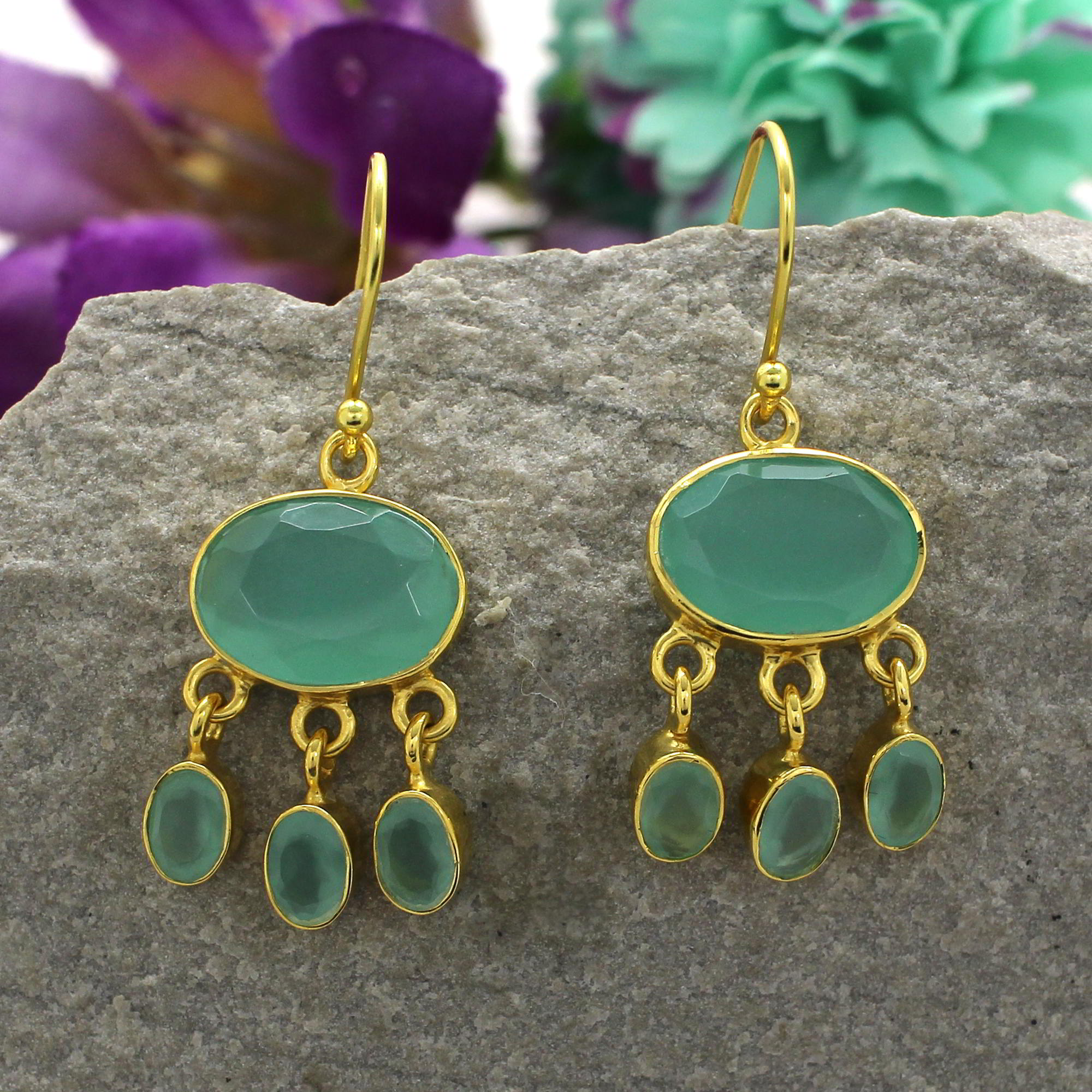 Green Chalcedony Gold Plated 925 Silver Dangle Earrings