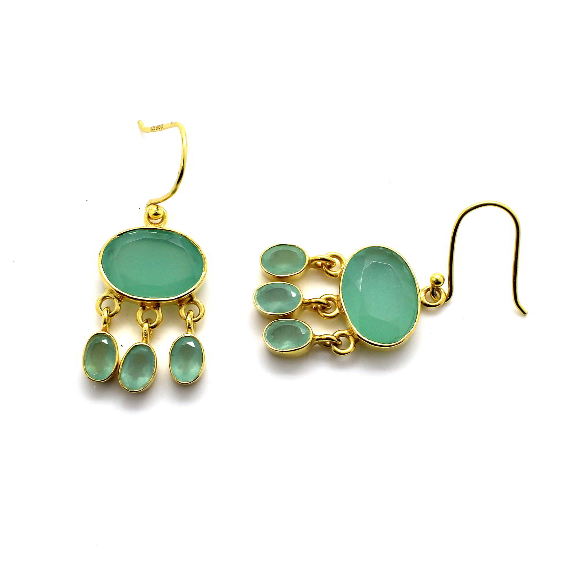 Green Chalcedony Gold Plated 925 Silver Dangle Earrings