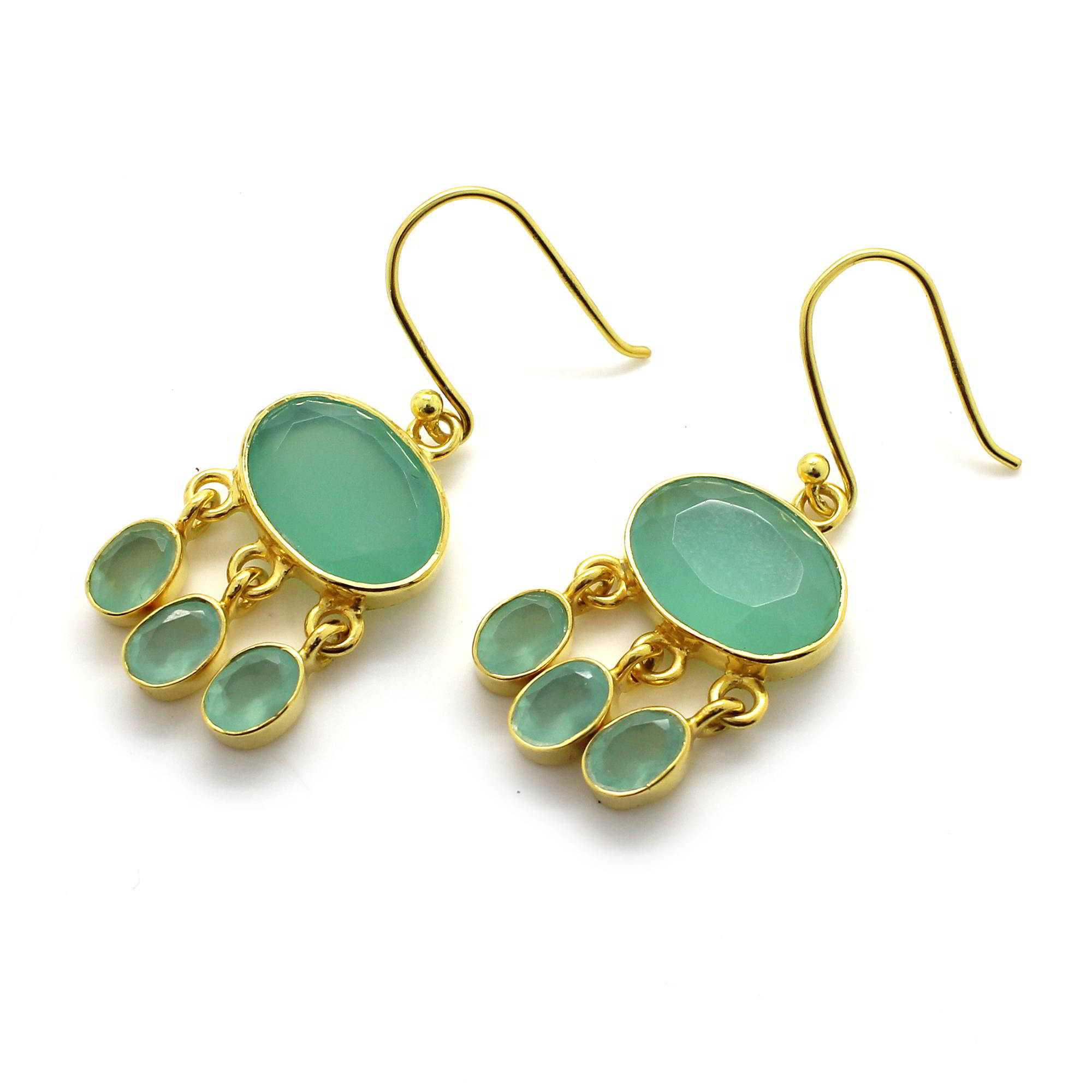 Green Chalcedony Gold Plated 925 Silver Dangle Earrings