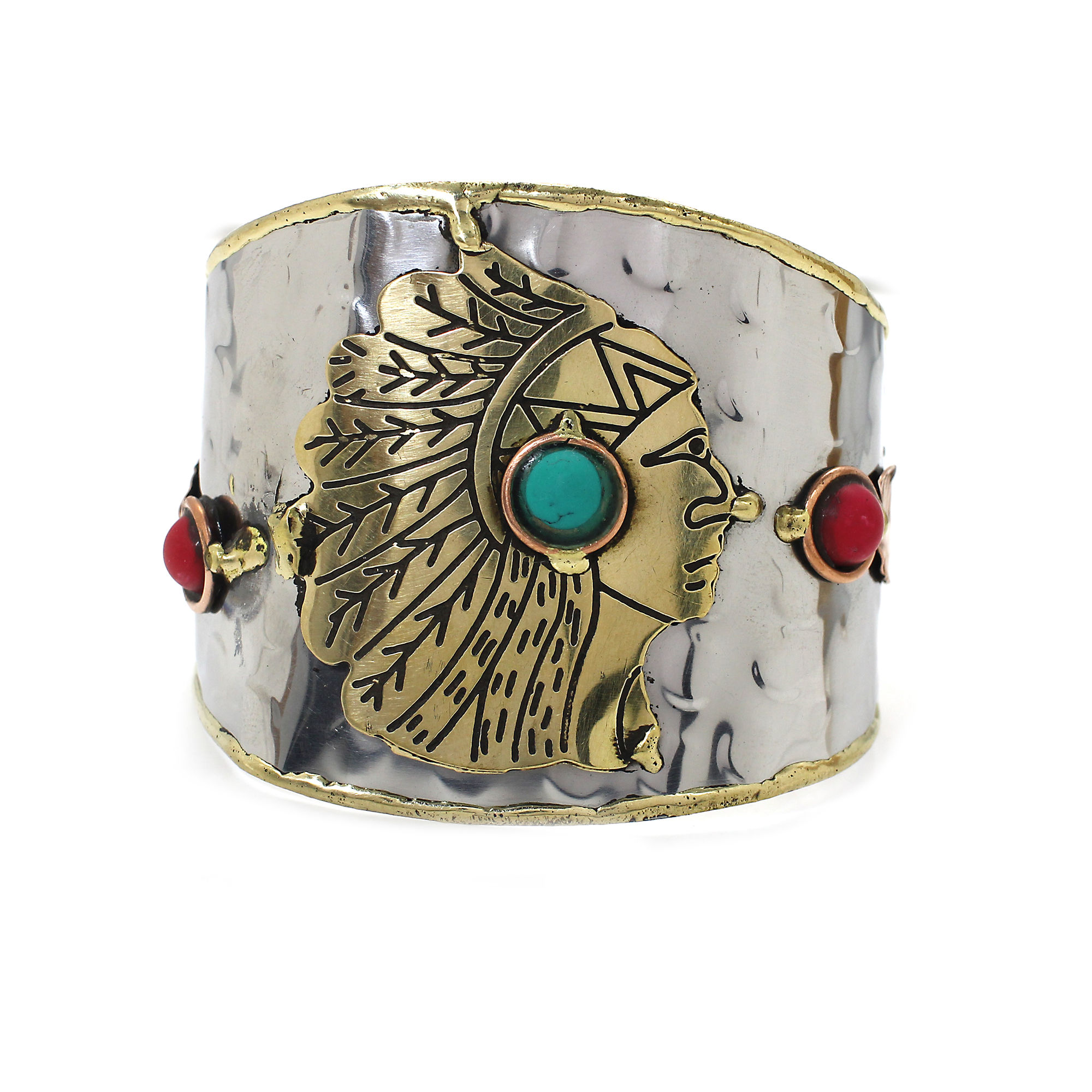 Handmade Three Tone Tribe King Leaf Design Cuff Bracelet With Stone