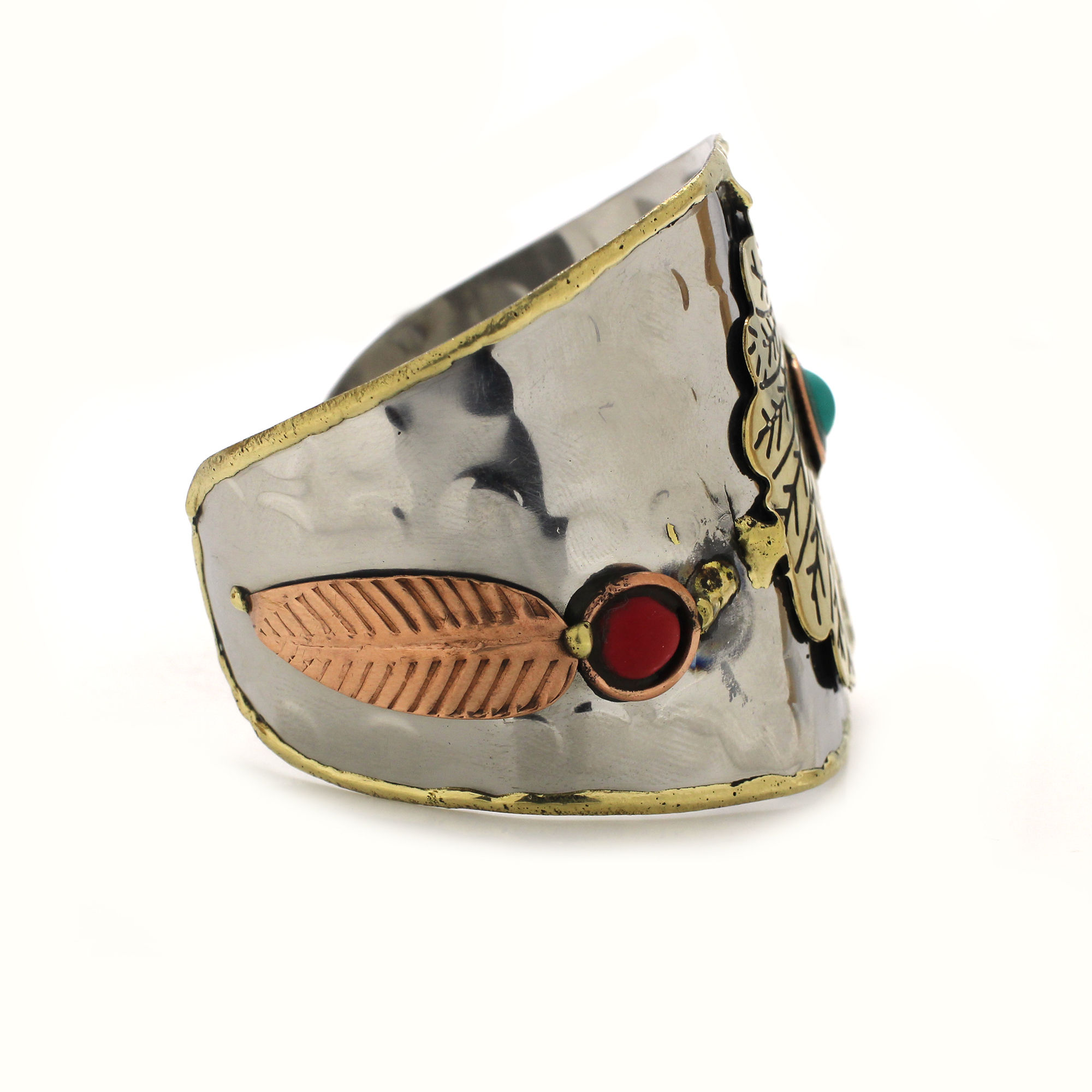 Handmade Three Tone Tribe King Leaf Design Cuff Bracelet With Stone