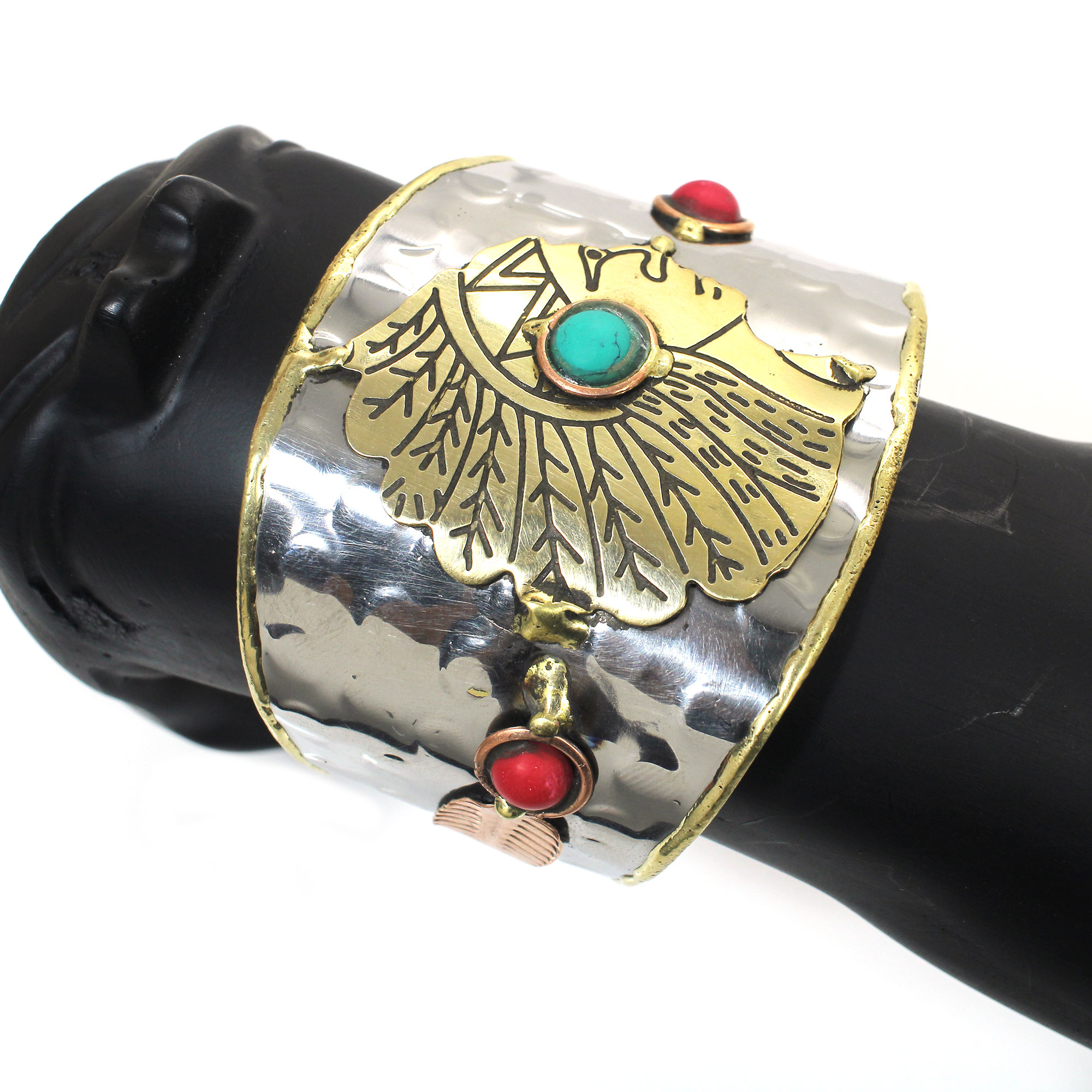 Handmade Three Tone Tribe King Leaf Design Cuff Bracelet With Stone