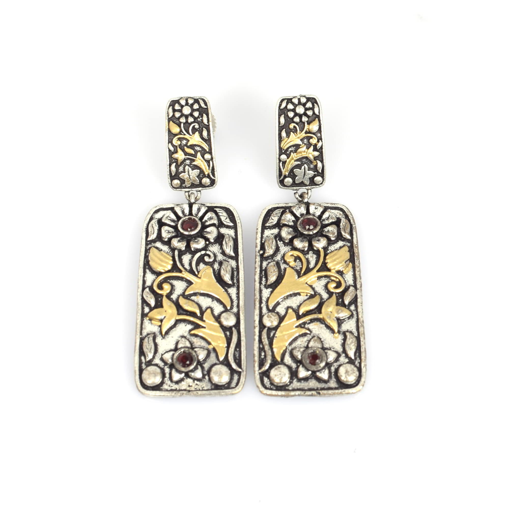 Pink Imitation Flower Textured Brass Oxidized Two Tone Handcrafted Wedding Dangle Earring