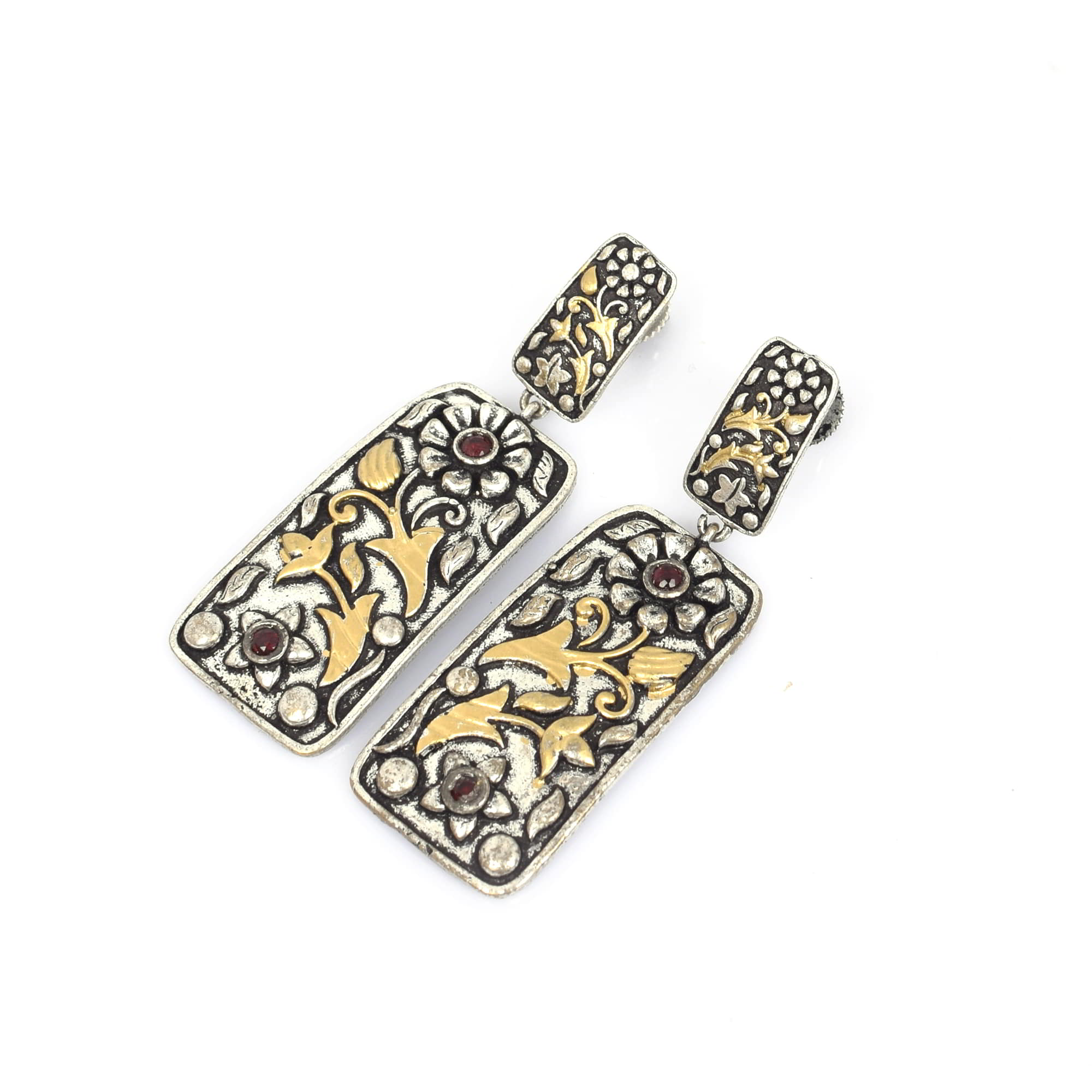 Pink Imitation Flower Textured Brass Oxidized Two Tone Handcrafted Wedding Dangle Earring