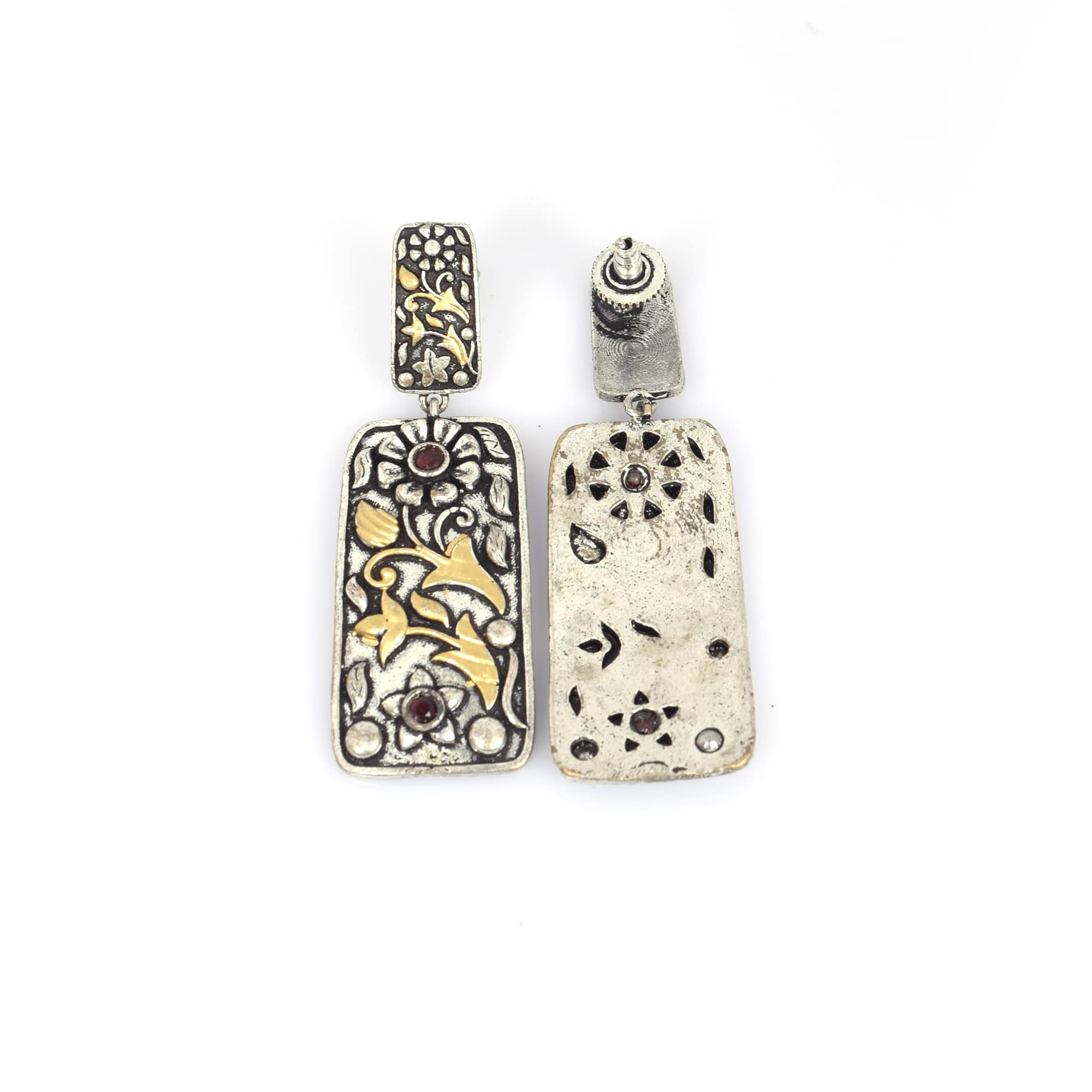 Pink Imitation Flower Textured Brass Oxidized Two Tone Handcrafted Wedding Dangle Earring