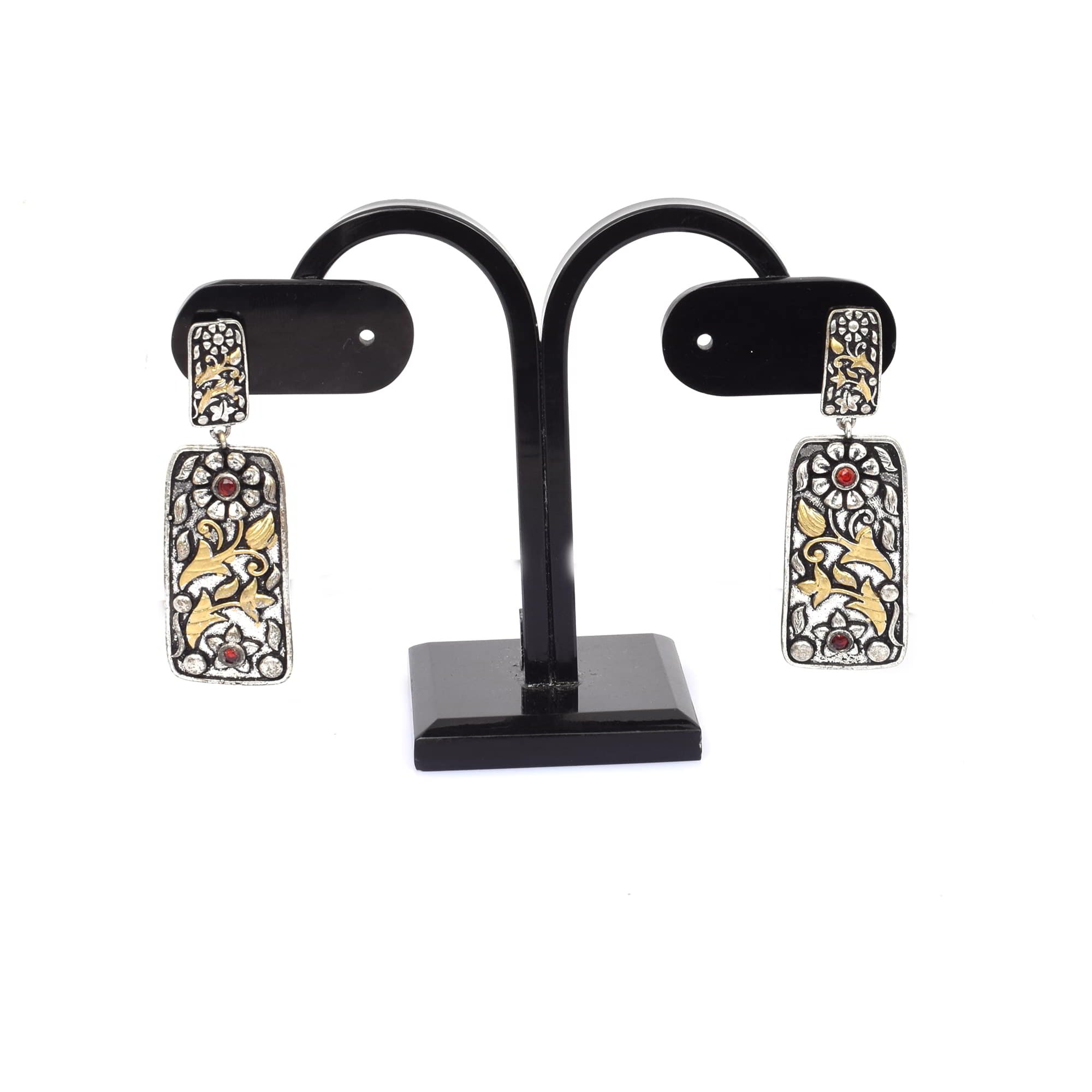 Pink Imitation Flower Textured Brass Oxidized Two Tone Handcrafted Wedding Dangle Earring