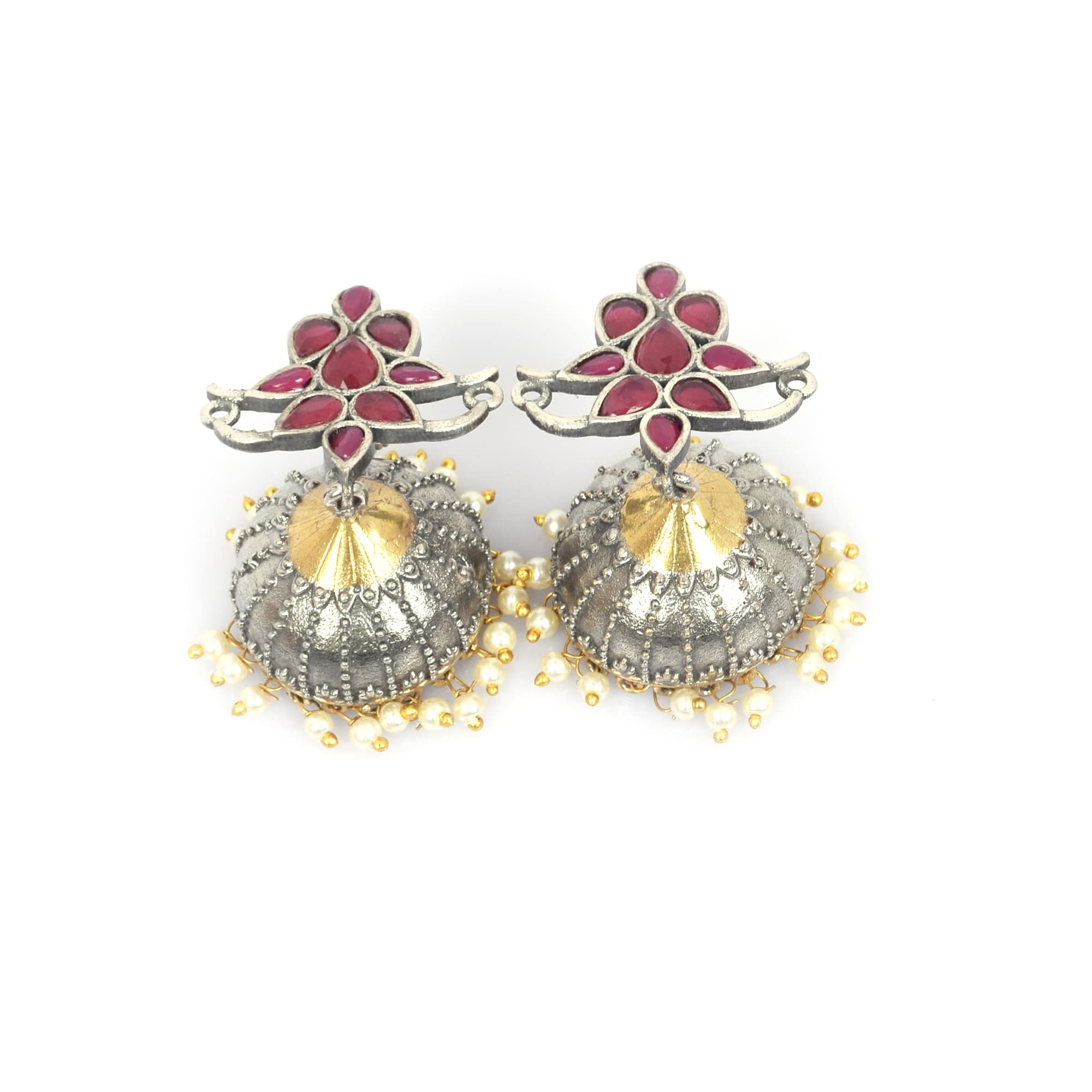 Pink Imitation with Pearl Beads Brass Oxidized Two Tone Indian Traditional Jhumki Earring