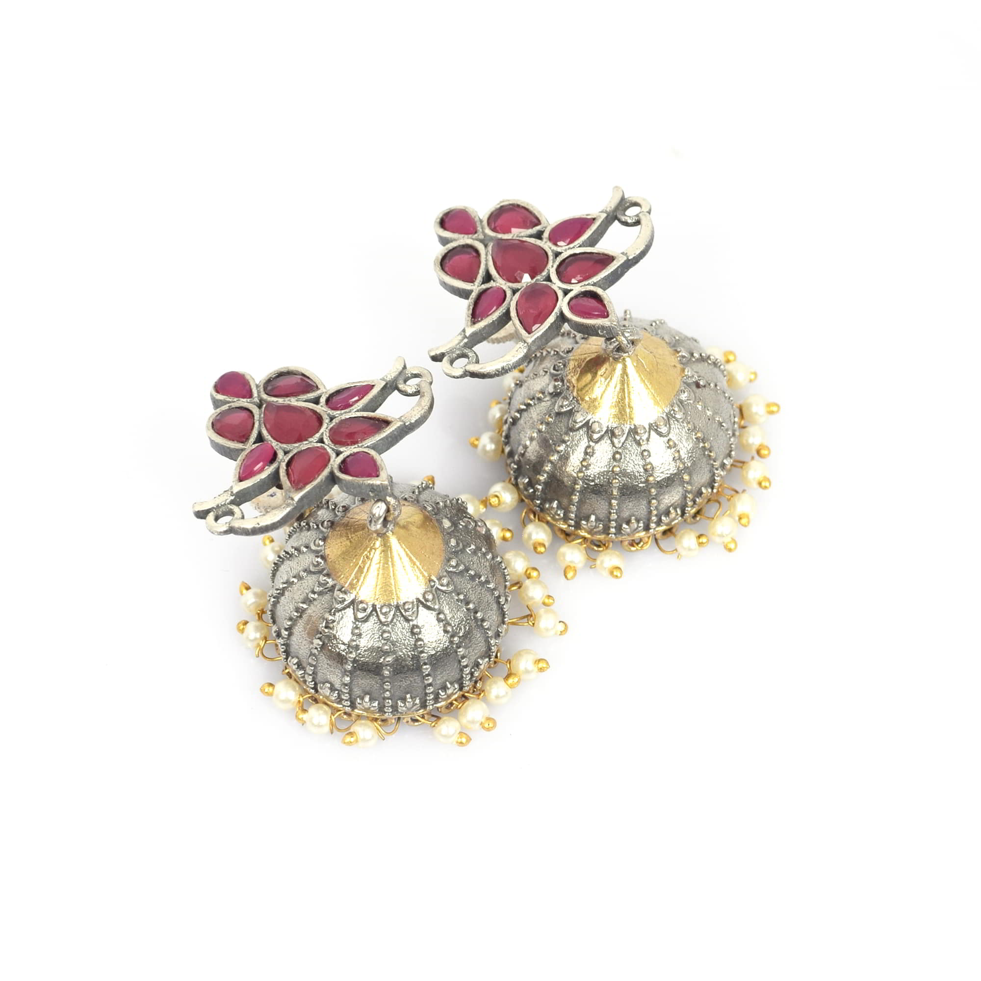 Pink Imitation with Pearl Beads Brass Oxidized Two Tone Indian Traditional Jhumki Earring