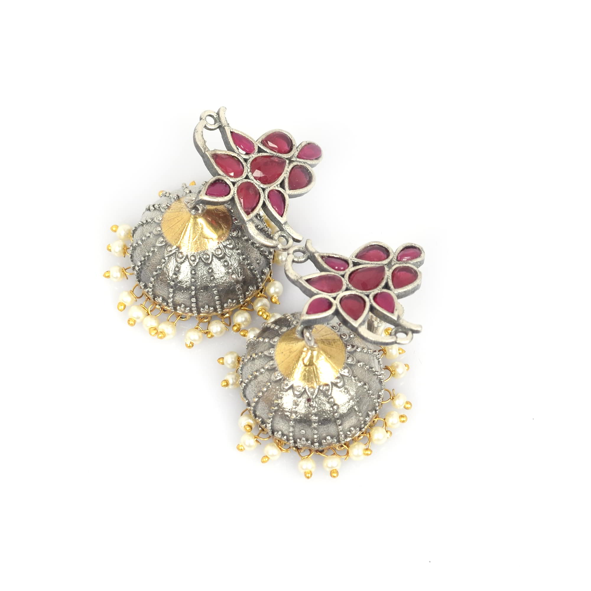 Pink Imitation with Pearl Beads Brass Oxidized Two Tone Indian Traditional Jhumki Earring