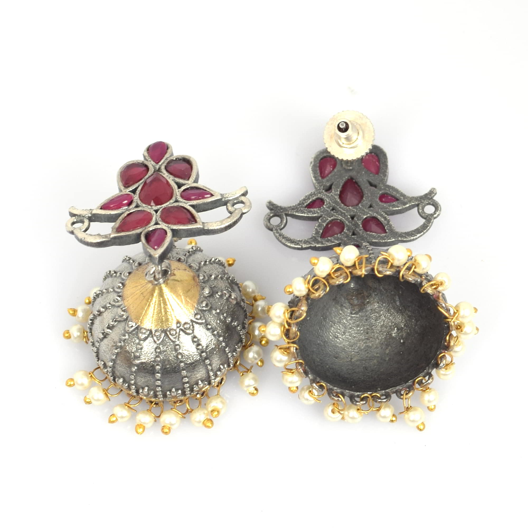 Pink Imitation with Pearl Beads Brass Oxidized Two Tone Indian Traditional Jhumki Earring