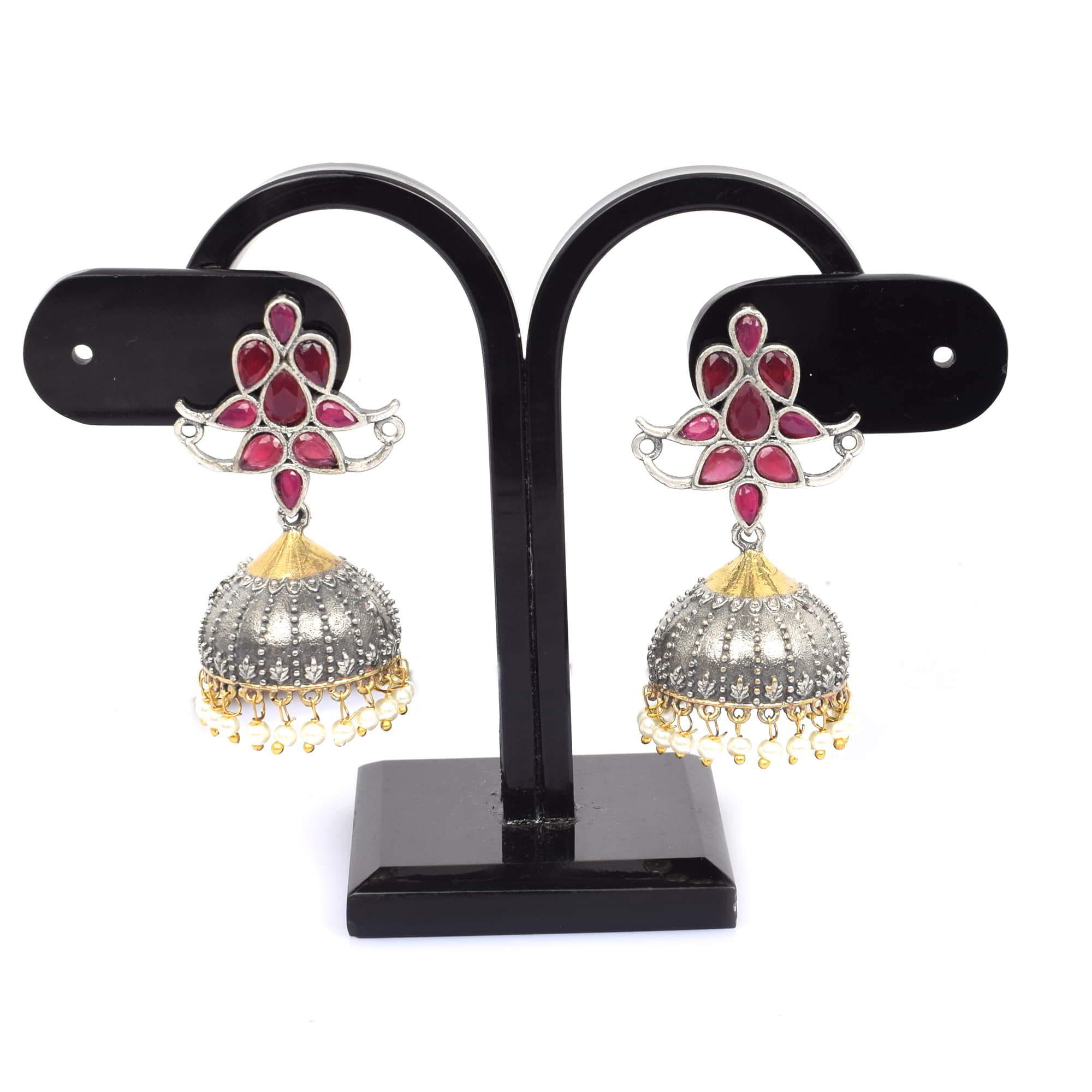 Pink Imitation with Pearl Beads Brass Oxidized Two Tone Indian Traditional Jhumki Earring