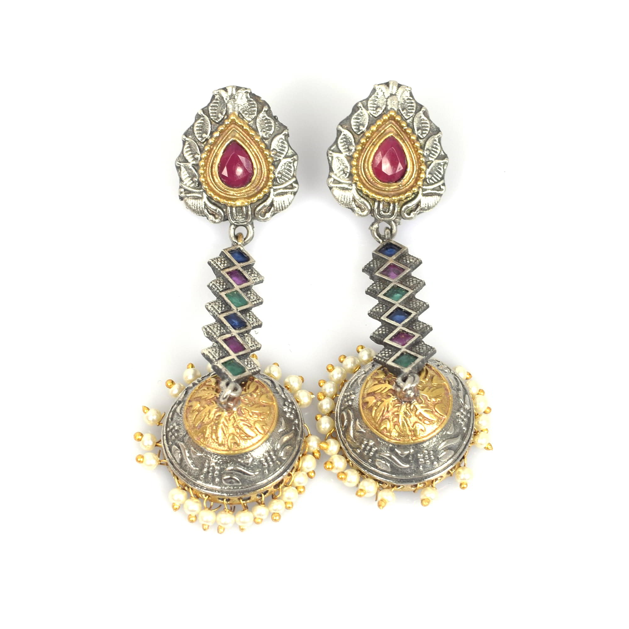 Multi Stone with Pearl Beads Antique Brass Oxidized Two Tone Indian Long Jhumka Earring