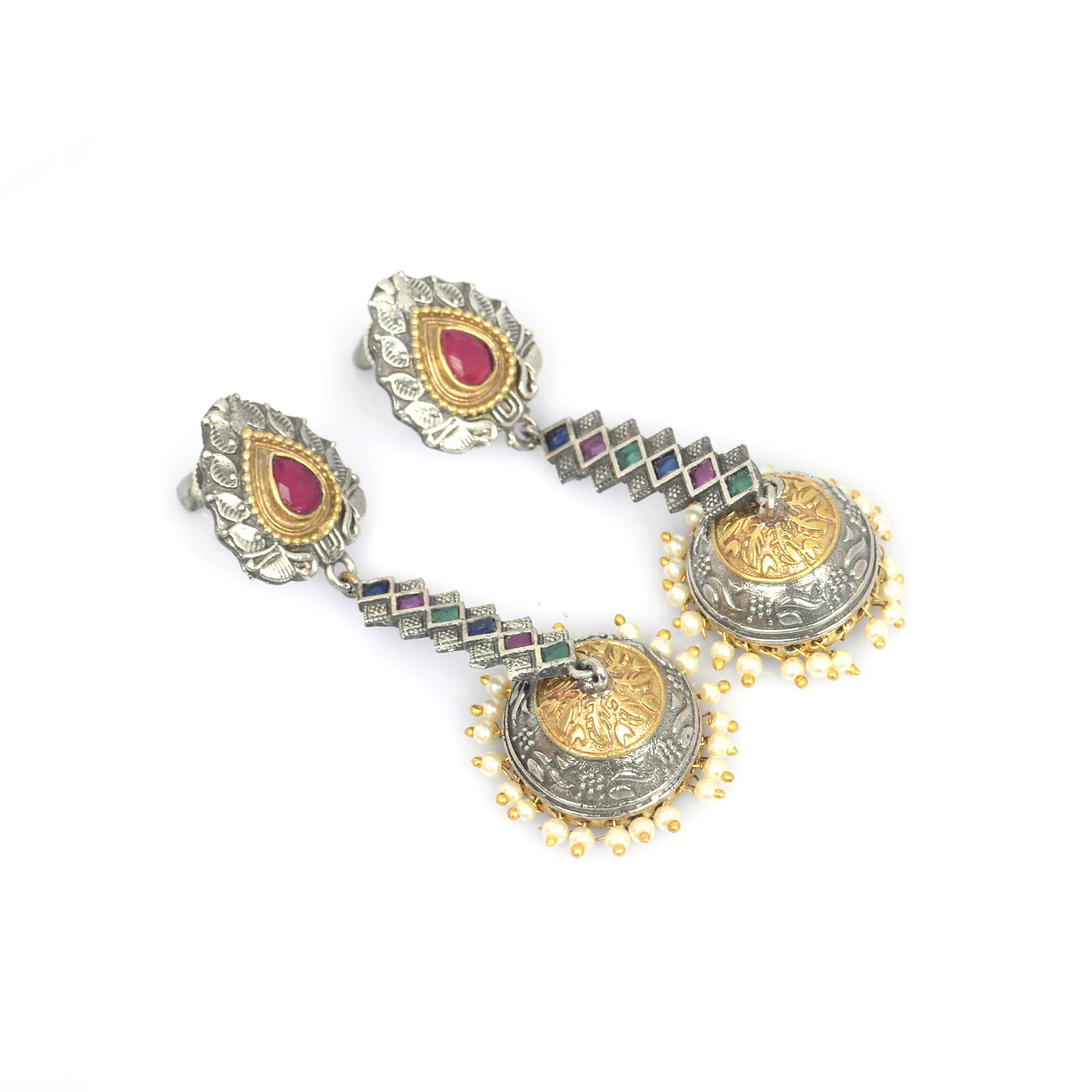 Multi Stone with Pearl Beads Antique Brass Oxidized Two Tone Indian Long Jhumka Earring