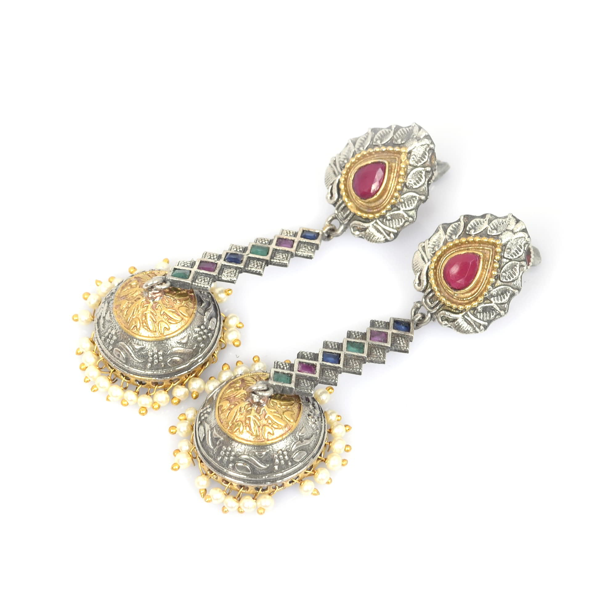 Multi Stone with Pearl Beads Antique Brass Oxidized Two Tone Indian Long Jhumka Earring