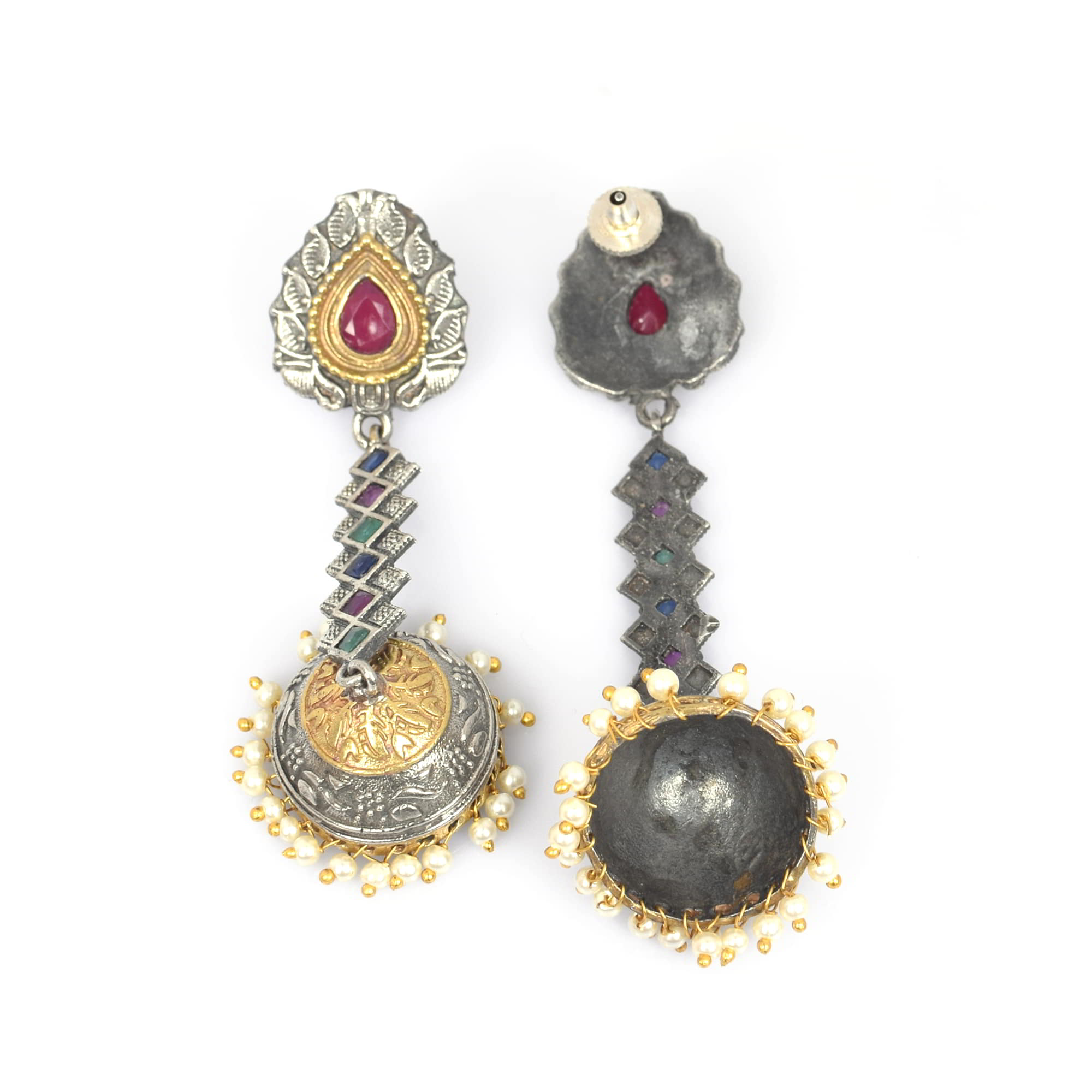 Multi Stone with Pearl Beads Antique Brass Oxidized Two Tone Indian Long Jhumka Earring