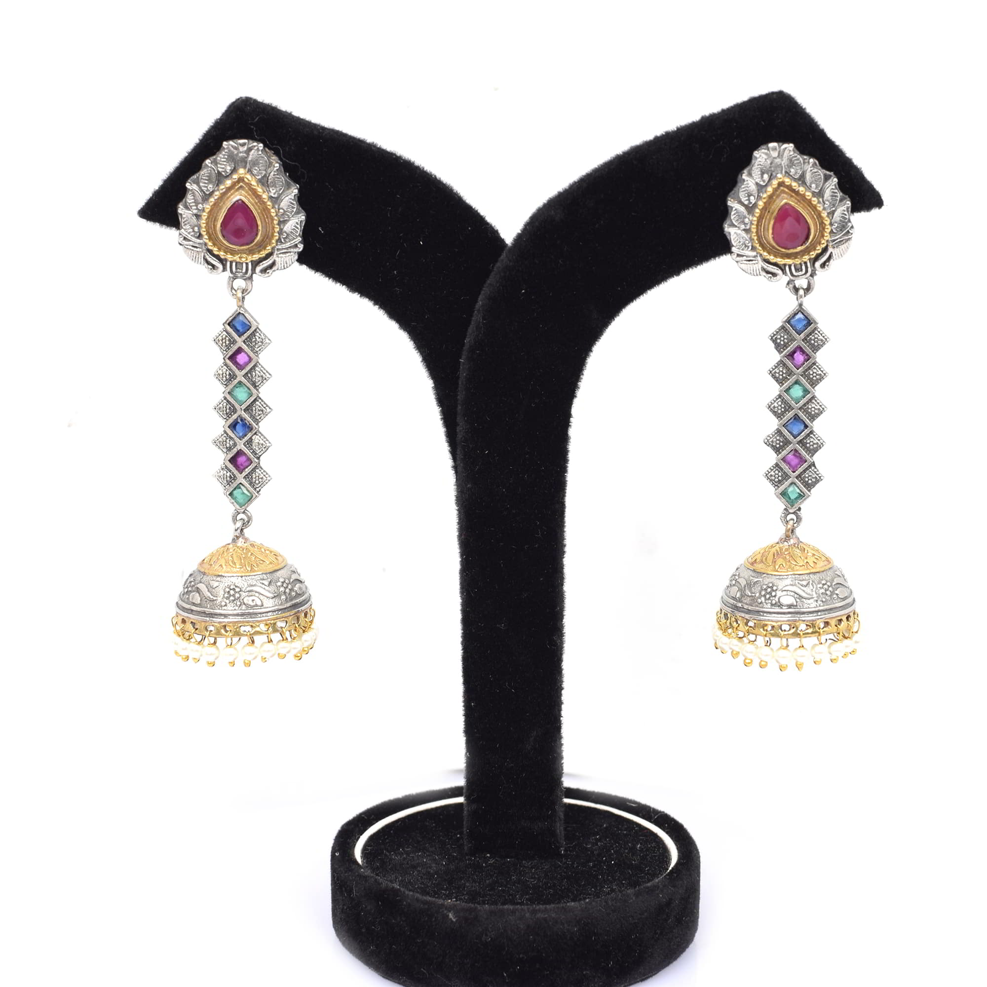 Multi Stone with Pearl Beads Antique Brass Oxidized Two Tone Indian Long Jhumka Earring