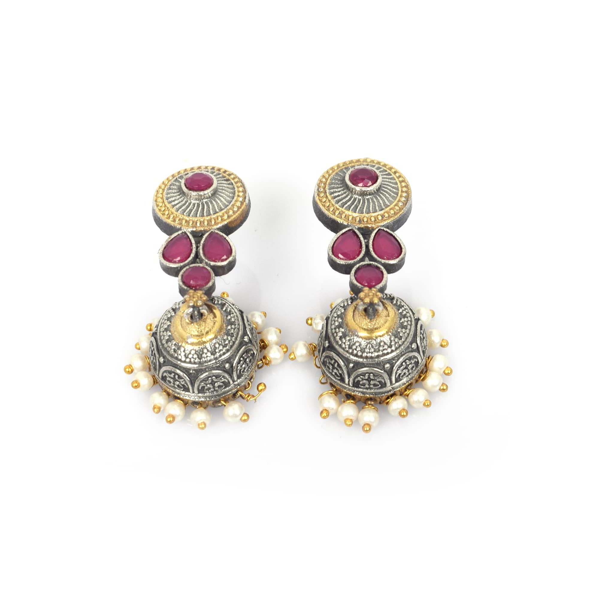 Pink Imitation with Pearl Beads Brass Oxidized Two Tone Indian Wedding Jhumki Earring