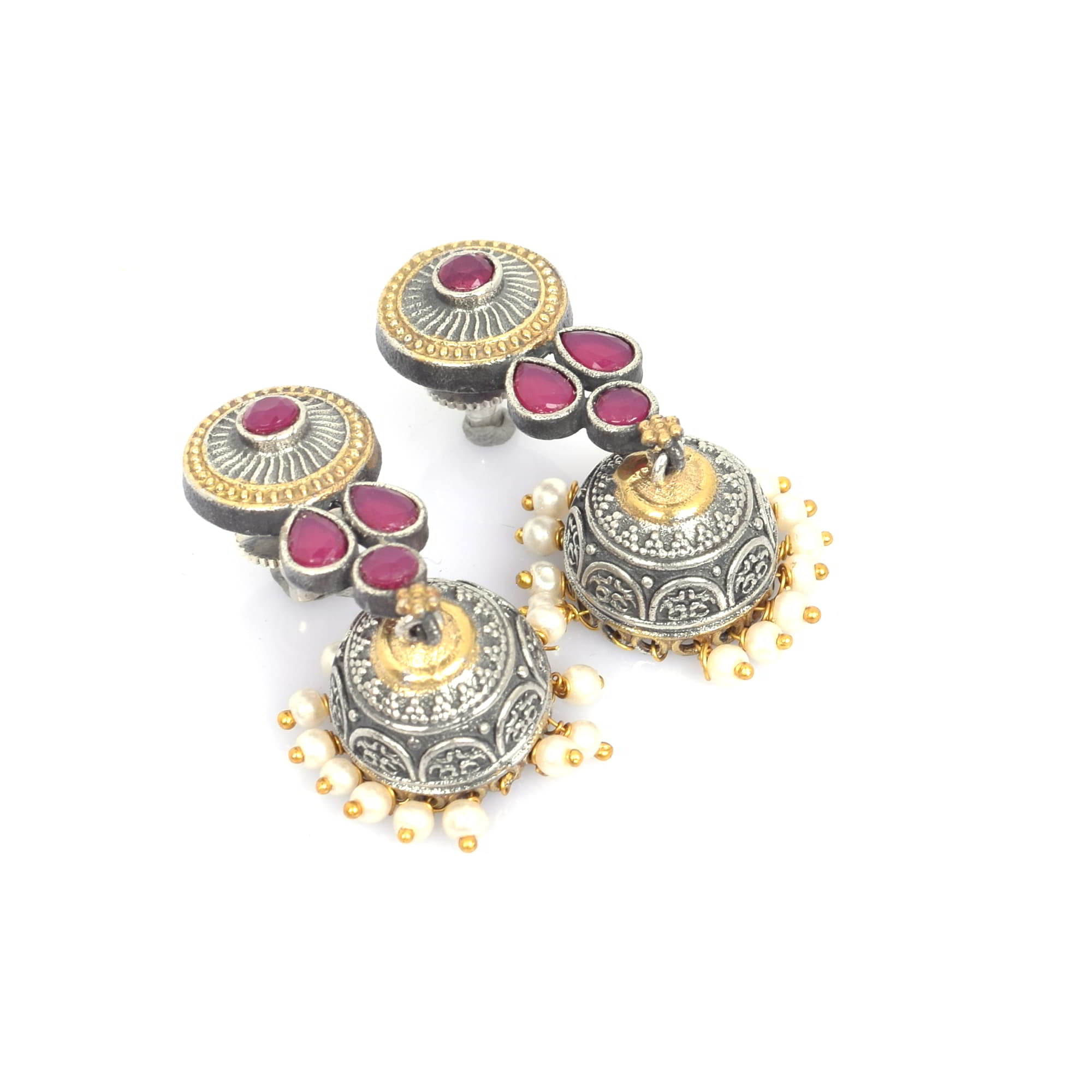 Pink Imitation with Pearl Beads Brass Oxidized Two Tone Indian Wedding Jhumki Earring