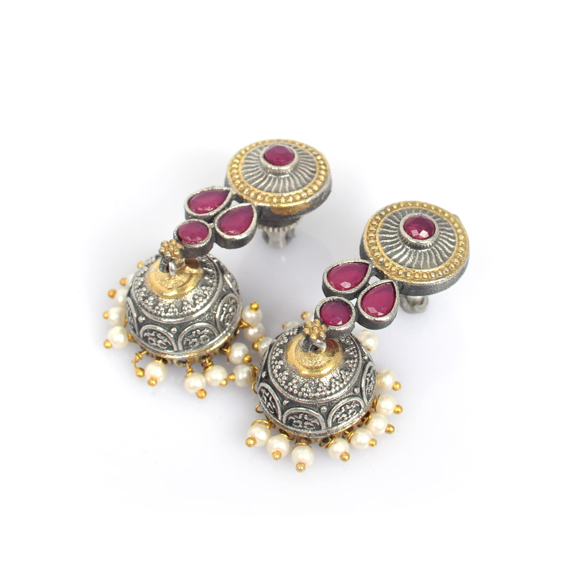 Pink Imitation with Pearl Beads Brass Oxidized Two Tone Indian Wedding Jhumki Earring