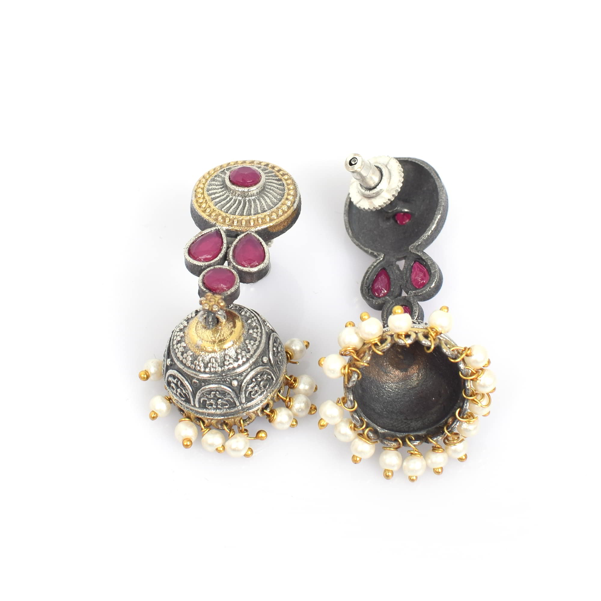 Pink Imitation with Pearl Beads Brass Oxidized Two Tone Indian Wedding Jhumki Earring